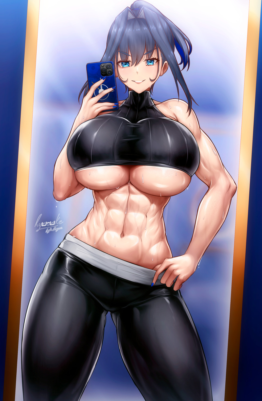 1girls, 5 fingers, abs, after workout, athletic, athletic female, bare midriff, black yoga pants, blue eyes, blue fingernails, blue hair, blue nails, blue phone, breasts, bursting breasts, crop top, female, hi res, holding phone, hololive, hololive english, hololive english -council-, hololive english -promise-, huge breasts, human, large breasts, light skin, light-skinned female, looking at viewer, mirror, nalve, naughty face, ouro kronii, ryusuke kh (ryusuke kyte hagane), selfie, sleeveless, sleeveless turtleneck, smile, standing, sweat, sweating, sweaty, sweaty abs, sweaty breasts, tagme, tight clothes, tight clothing, tight pants, toned, toned arms, toned female, underboob, virtual youtuber, yoga pants