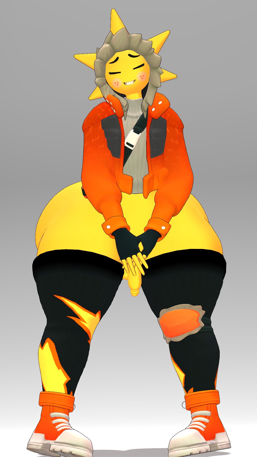 1boy, 2026, 3d, blush, bottomless, breedable hips, bubble butt, closed eyes, covering crotch, dumptruck ass, fat ass, femboy, femboy focus, fingerless gloves, fortnite, from front position, front view, glowing, glowing genitalia, glowing penis, hiding erection, hoodie, huge ass, long penis, nervous, nervous smile, penis, shy, shy smile, simple background, smile, sneakers, solo, solo focus, star, sun, sunspot (fortnite), sweater, thegrinderops, thick thighs, thighhighs, vrchat avatar, wide hips, yellow body