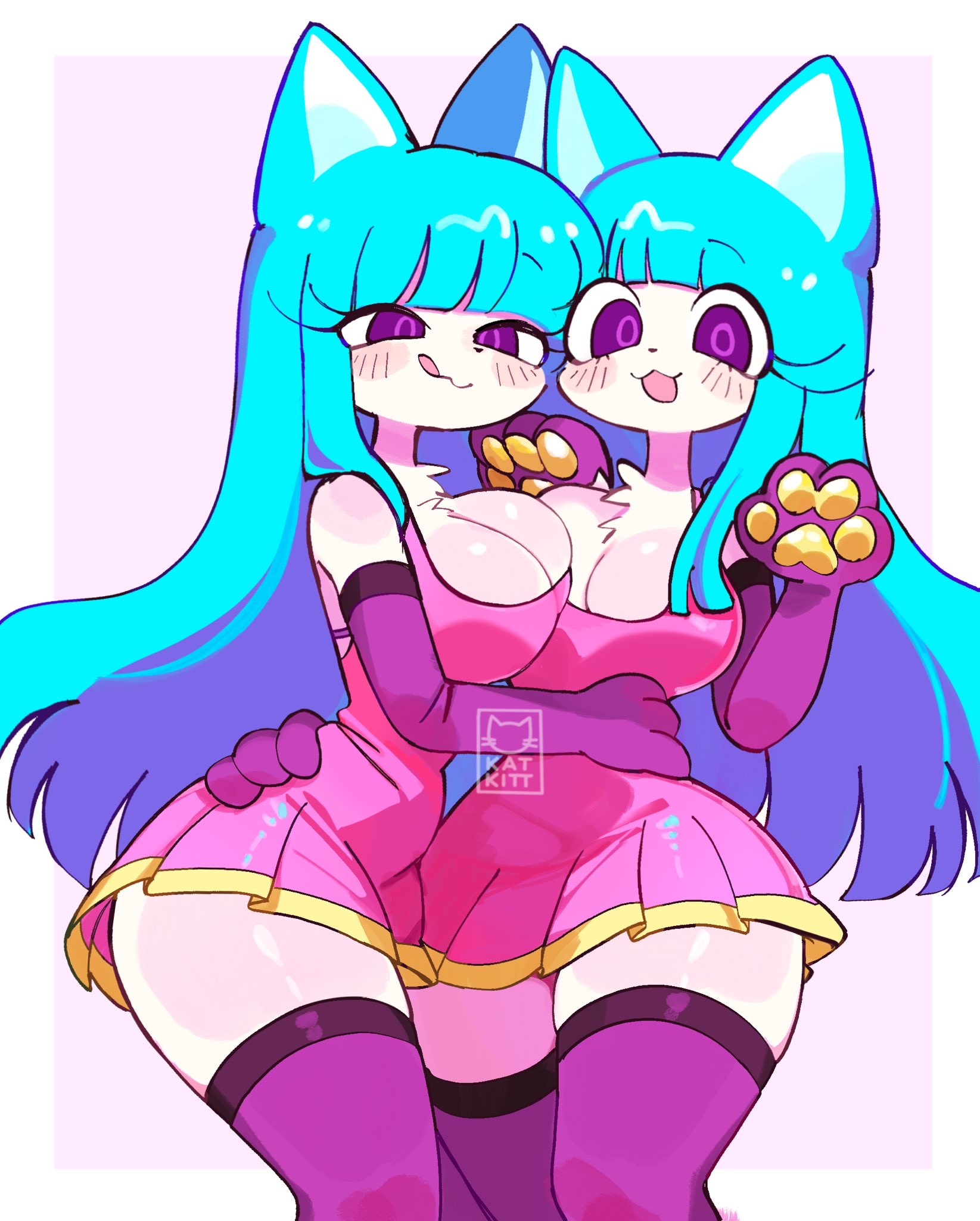 2girls, animal ears, animal genitalia, big breasts, cat ears, cat humanoid, cyan hair, hug, huge breasts, huge thighs, kat kitt, long hair, medikitten, pink background, pink skirt, purple eyes, thighs
