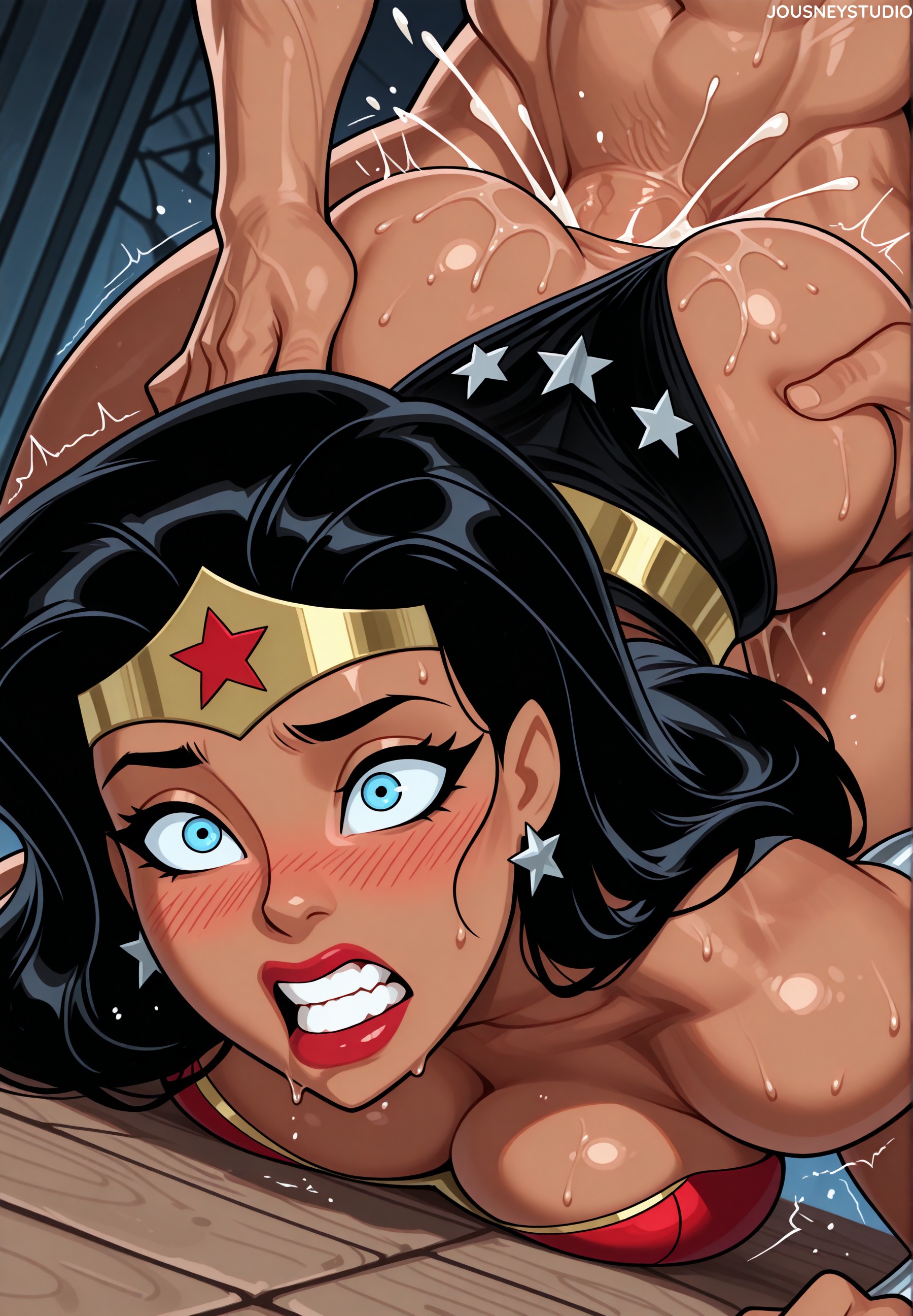 1boy, 1girls, ai generated, anal, anal sex, artist name, ass, ass grab, bare shoulders, black hair, black leotard, black panties, blue eyes, blush, breast press, breasts, circlet, cleavage, clenched teeth, clothed female nude male, clothed sex, clothing, clothing aside, collarbone, corset, crown, cum, cum in ass, cum overflow, dark skin, dark-skinned female, dc, dc comics, diana prince, doggy style, earrings, female, femsub, indoors, jewelry, jousneystudio, justice league, large breasts, leotard, leotard aside, lips, lipstick, long hair, makeup, male, male penetrating female, maledom, muscular, nude, panties, panties aside, penis, red lips, sex, sex from behind, shiny skin, solo focus, star (symbol), star earrings, straight, strapless, superhero, superwoman, sweat, taken from behind, teeth, tiara, top-down bottom-up, trembling, underwear, veins, wide-eyed, wonder woman, wonder woman (series)
