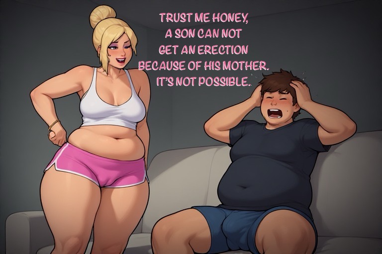 1boy, 1girls, ai generated, bulge, bulge through clothing, cameltoe, chubby, covert incest, erection, incest, milf, mommy, mommy kink, mother and son, pink shorts, shorts