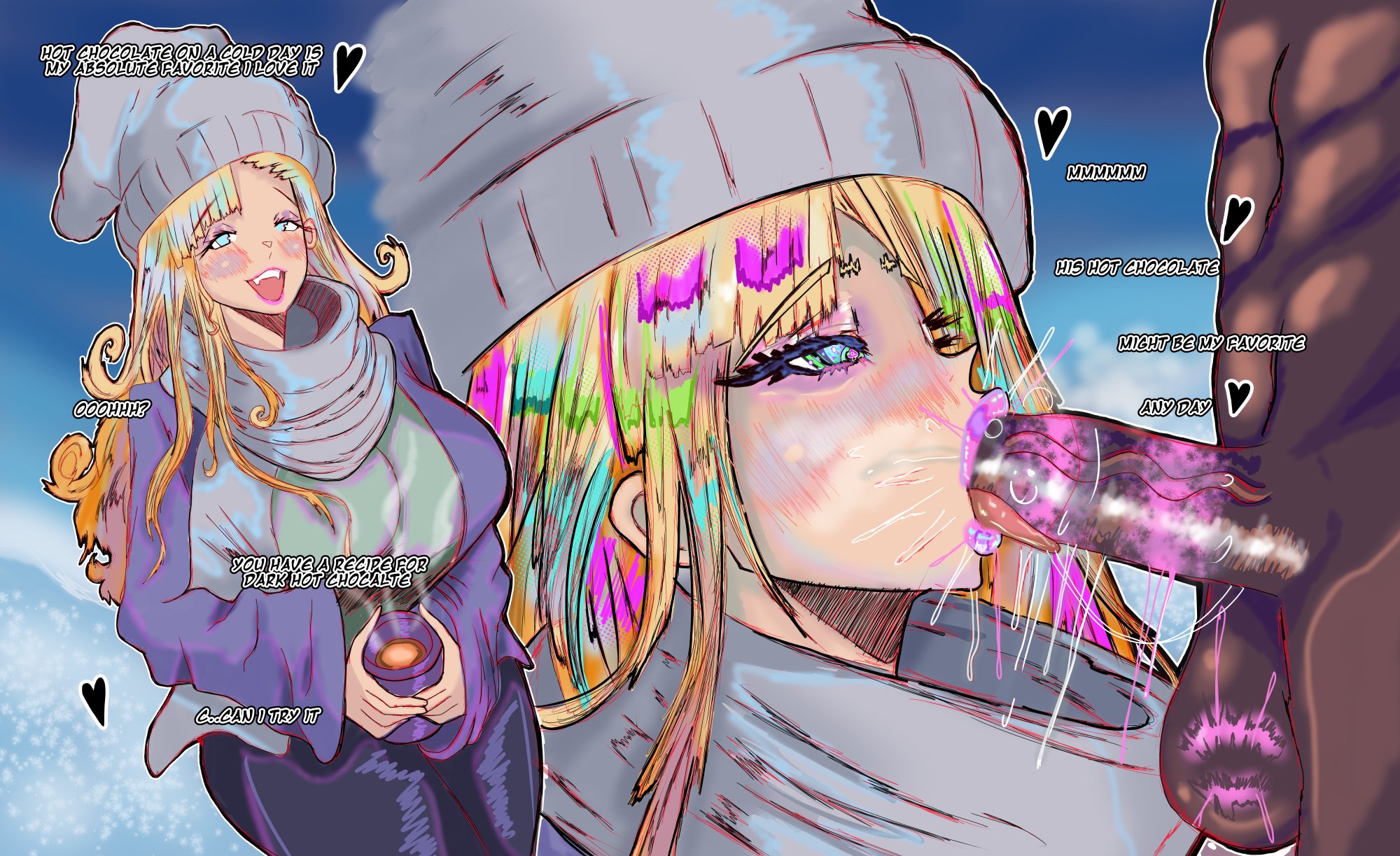 2koma, blonde hair, blowjob, blowjob face, blue eyes, breath, dark-skinned male, finnish, finnish girl, grandarcch, hot chocolate, interracial, lipstick, lipstick mark, lipstick on balls, lipstick on penis, lumi (grandarcch), pink lips, snowbunny, winter, winter clothes