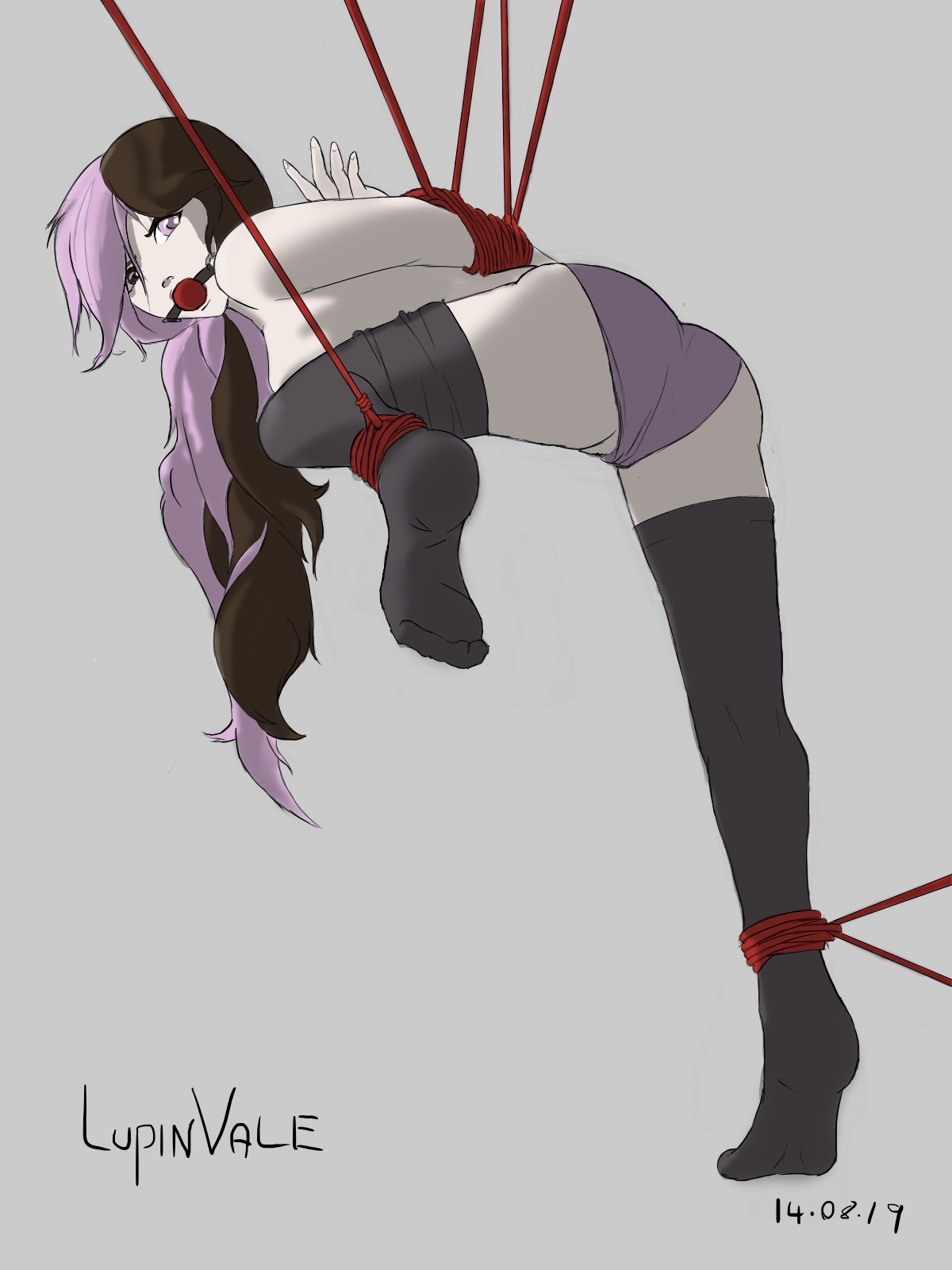 angry, arms behind back, ball gag, bondage, bound, bound ankles, bound arms, female, femsub, gag, gagged, heterochromia, legwear, long hair, looking at viewer, looking back, lupinvale, multicolored eyes, multicolored hair, neo (rwby), one leg up, panties, red ball gag, red rope, restrained, rope, rope bondage, rwby, solo, thighhighs, tied up, two-tone hair, underwear, white background