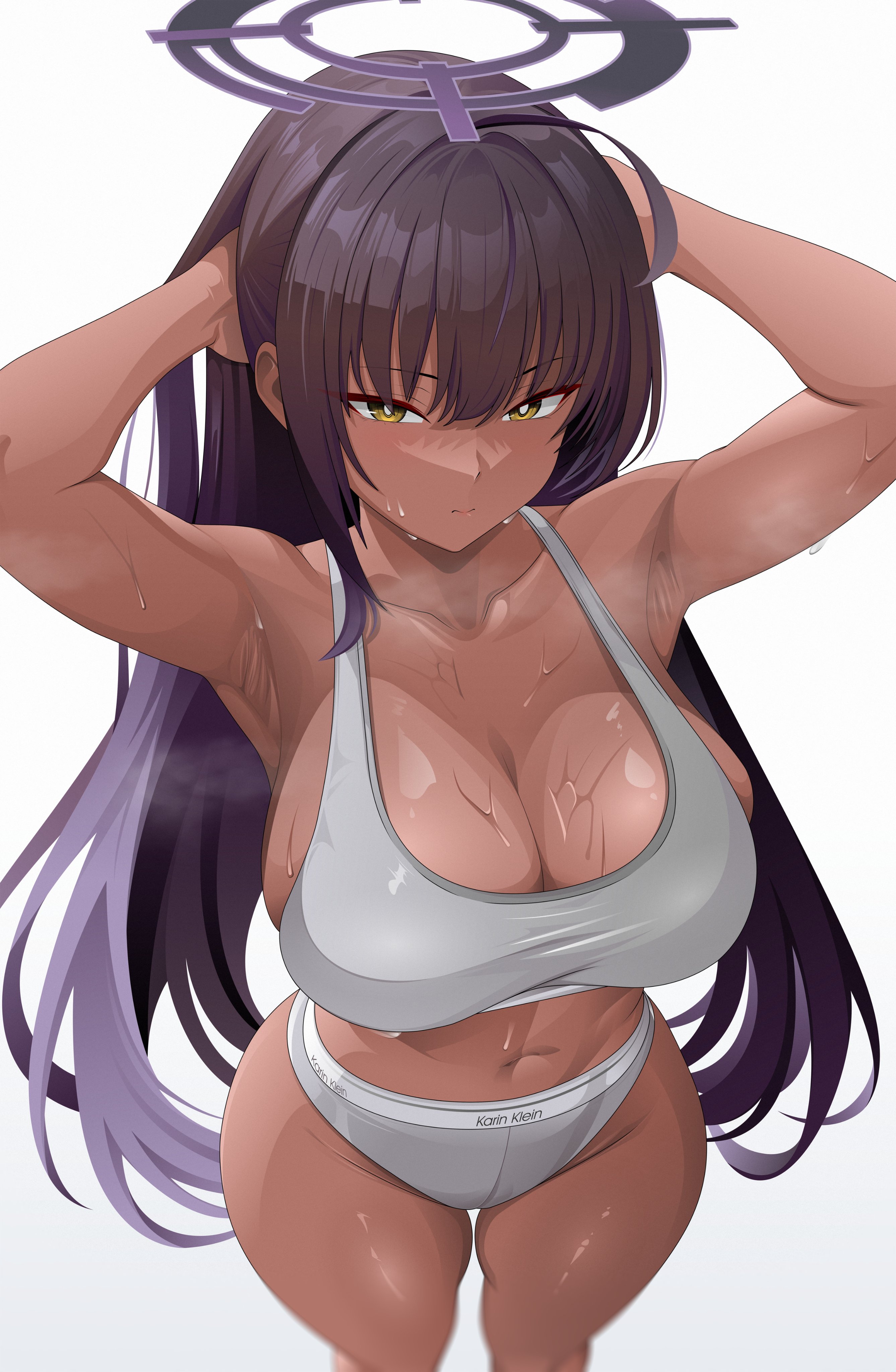 1girls, absurdres, ahoge, alternate costume, armpits, arms up, bare arms, bare legs, bare shoulders, black halo, blue archive, breasts, bright pupils, brown hair, calvin klein, cleaning & clearing (blue archive), cleavage, collarbone, cowboy shot, dark skin, dark-skinned female, female, gradient hair, gradient halo, grey panties, grey sports bra, groin, halo, hands in own hair, highres, huge breasts, karin (blue archive), light blush, long hair, looking at viewer, millennium science school student, multicolored hair, multicolored halo, navel, panties, purple hair, purple halo, pursed lips, rlayuta 998, shiny skin, sidelocks, simple background, skindentation, solo, sports bra, steaming body, sweat, underwear, underwear only, very long hair, very sweaty, white background, white pupils, yellow eyes