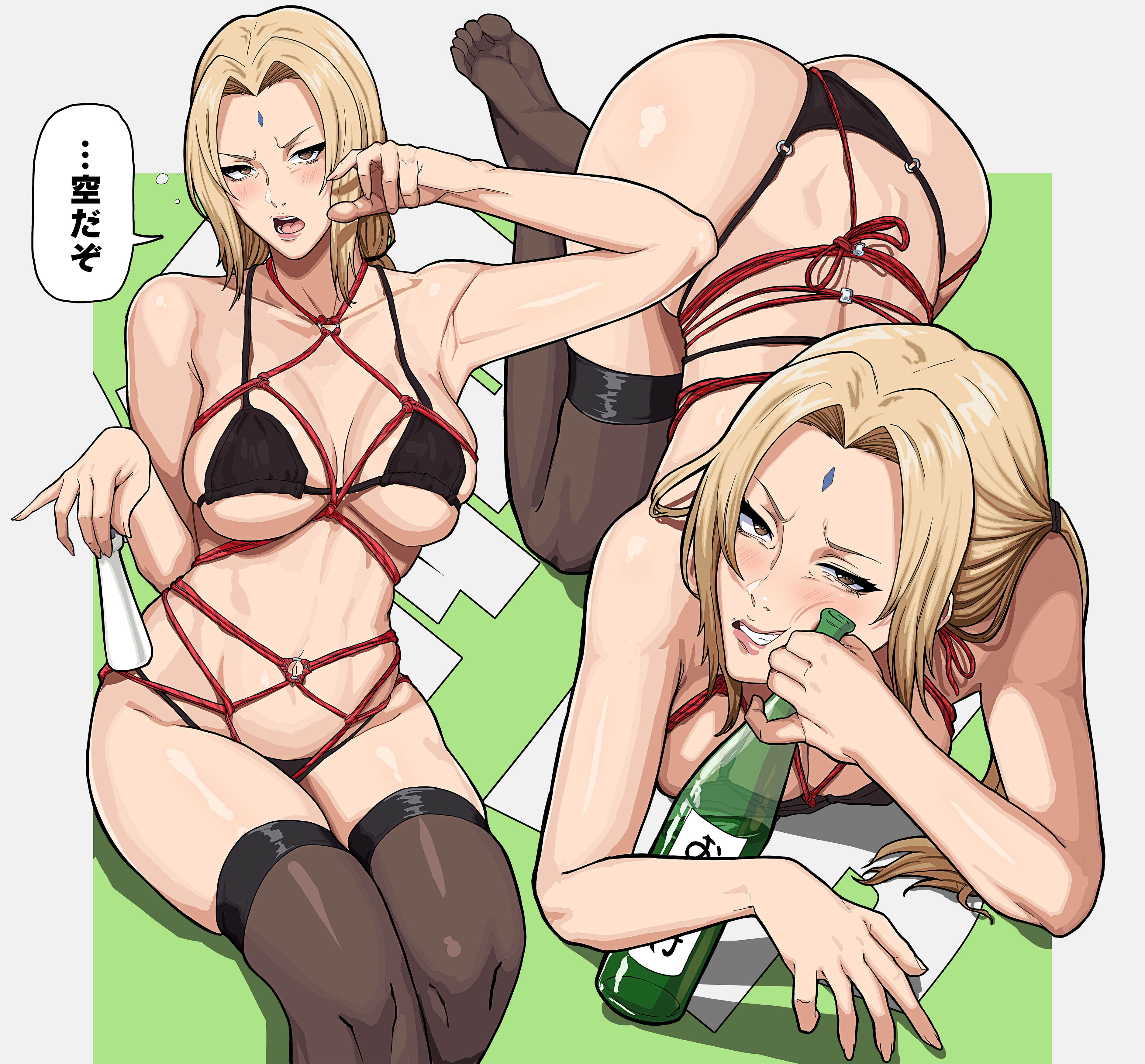 1girls, absurdres, all fours, alternate version available, ass, ass up, bent over, big ass, big breasts, bikini, black bikini, black bra, black thighhighs, blonde hair, blush, bondage, bottle, bottomwear, bra, breasts, brown eyes, cleavage, commentary request, drunk, facial mark, feet, feet up, female, female only, forehead, forehead jewel, forehead mark, hair intakes, harness, highres, japanese text, large breasts, legwear, long hair, looking at viewer, low twintails, mature, mature female, mature woman, mikey pie, mikeypieart, milf, multiple views, naruto, naruto (series), naruto shippuden, open mouth, panties, rope, rope bondage, rope harness, sake, sake bottle, sitting, solo, solo female, speech bubble, swimsuit, text, thighhighs, thighs, topwear, translation request, tsunade, twintails, v-shaped eyebrows, voluptuous, wide hips