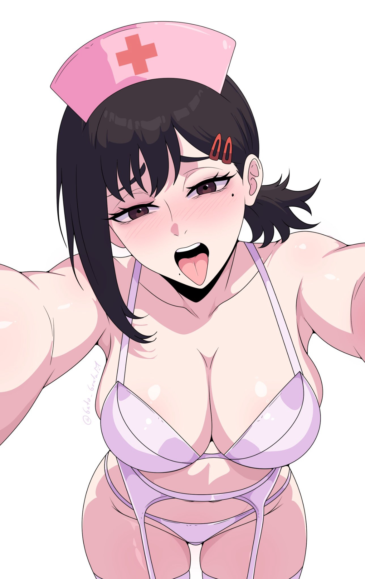 big breasts, black hair, breasts, breasts focus, brown eyes, chainsaw man, cute, cute face, female, female focus, female only, gato gratam, higashiyama kobeni, kobeni higashiyama, lingerie, lingerie bra, lingerie only, lingerie panties, looking at viewer, midriff, nurse, nurse cap, ponytail, sexy, sexy body, solo, solo female, solo focus, thick thighs, tongue, tongue out, tummy, wide hips, wide thighs