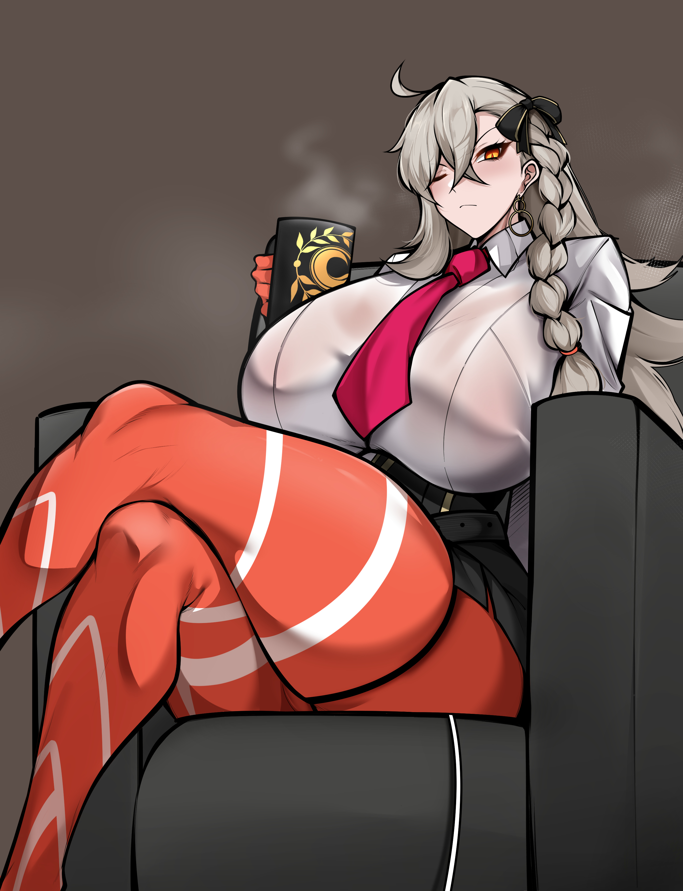1girls, ahoge, blush, breasts bigger than head, crossed legs, cup, fate (series), fate/grand order, female focus, female only, fully clothed, huge breasts, long hair, olga marie animusphere, one eye closed, owner (artist), see-through clothing, short skirt, sitting, skin tight, solo female, stockings, thick thighs, tie