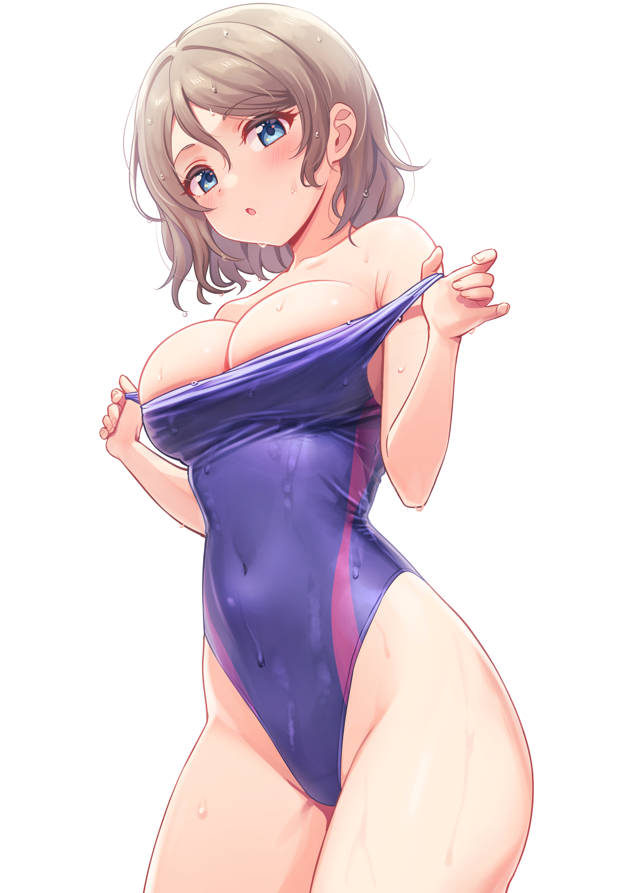 :o, blue eyes, blue one-piece swimsuit, breasts, brown hair, clothes pull, colored eyelashes, competition swimsuit, covered navel, cowboy shot, deadnooodles, female, from side, groin, highleg, highleg one-piece swimsuit, highres, large breasts, legs together, looking at viewer, love live!, love live! sunshine!!, narrow waist, one-piece swimsuit, one-piece swimsuit pull, open mouth, pulling own clothes, short hair, simple background, solo, standing, swept bangs, swimsuit, thighs, watanabe you, wavy hair, wet, wet clothes, wet hair, wet swimsuit, white background