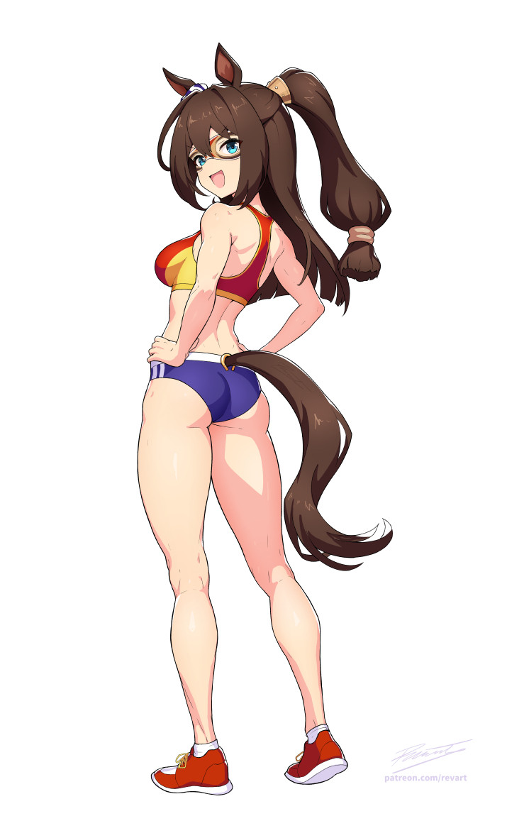 1girls, ass, back, big breasts, breasts, brown hair, el condor pasa (umamusume), female, horse ears, horse girl, horse tail, long hair, looking at viewer, looking back, luchador, luchador mask, mask, masked, masked female, medium breasts, ponytail, revenantart, sleeves, solo, sports bra, toned, track uniform, umamusume, umamusume pretty derby, white background