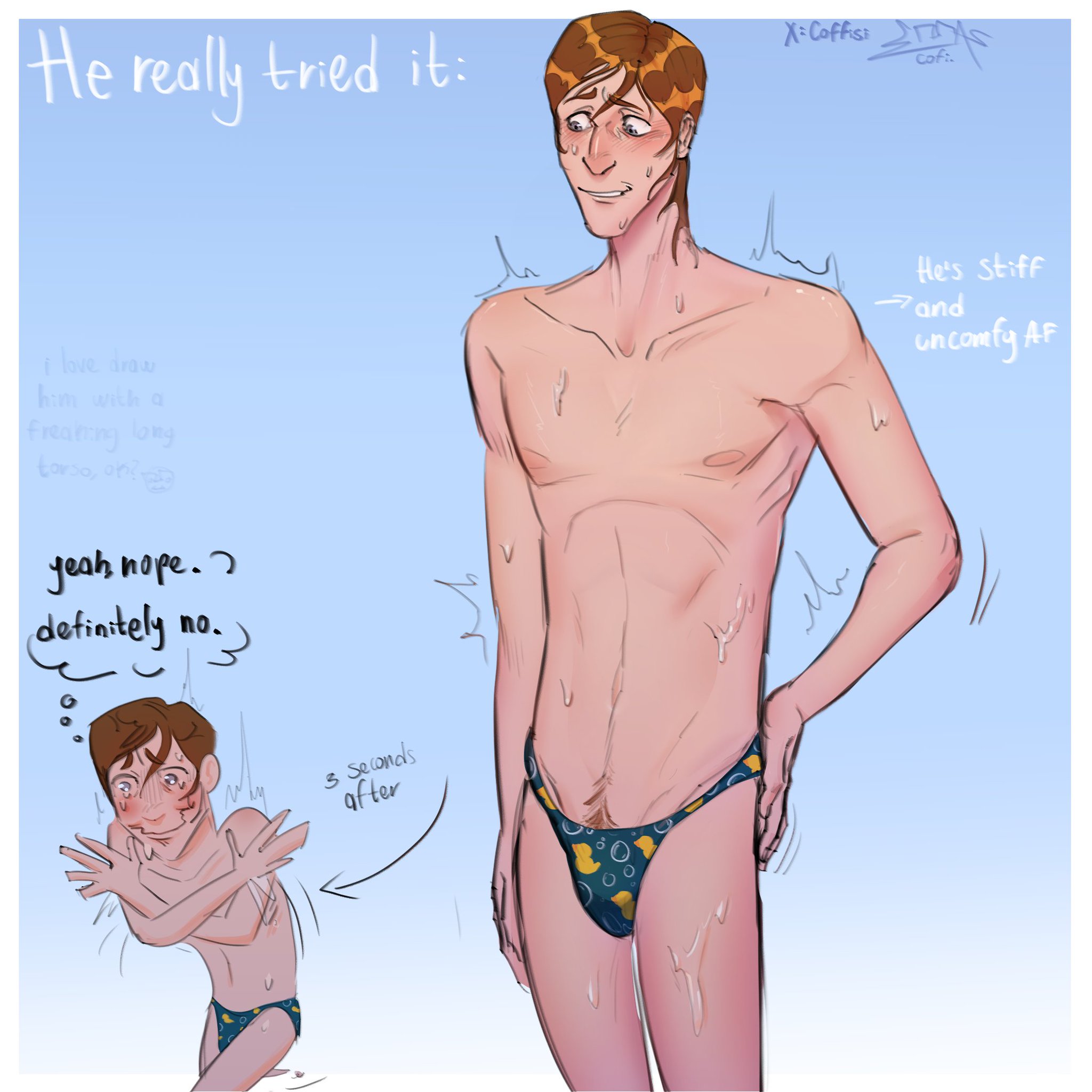 coffisi, cute, dispatch (game), embarrassed, male, male only, shy, skinny, solo, thong, waterboy (dispatch)