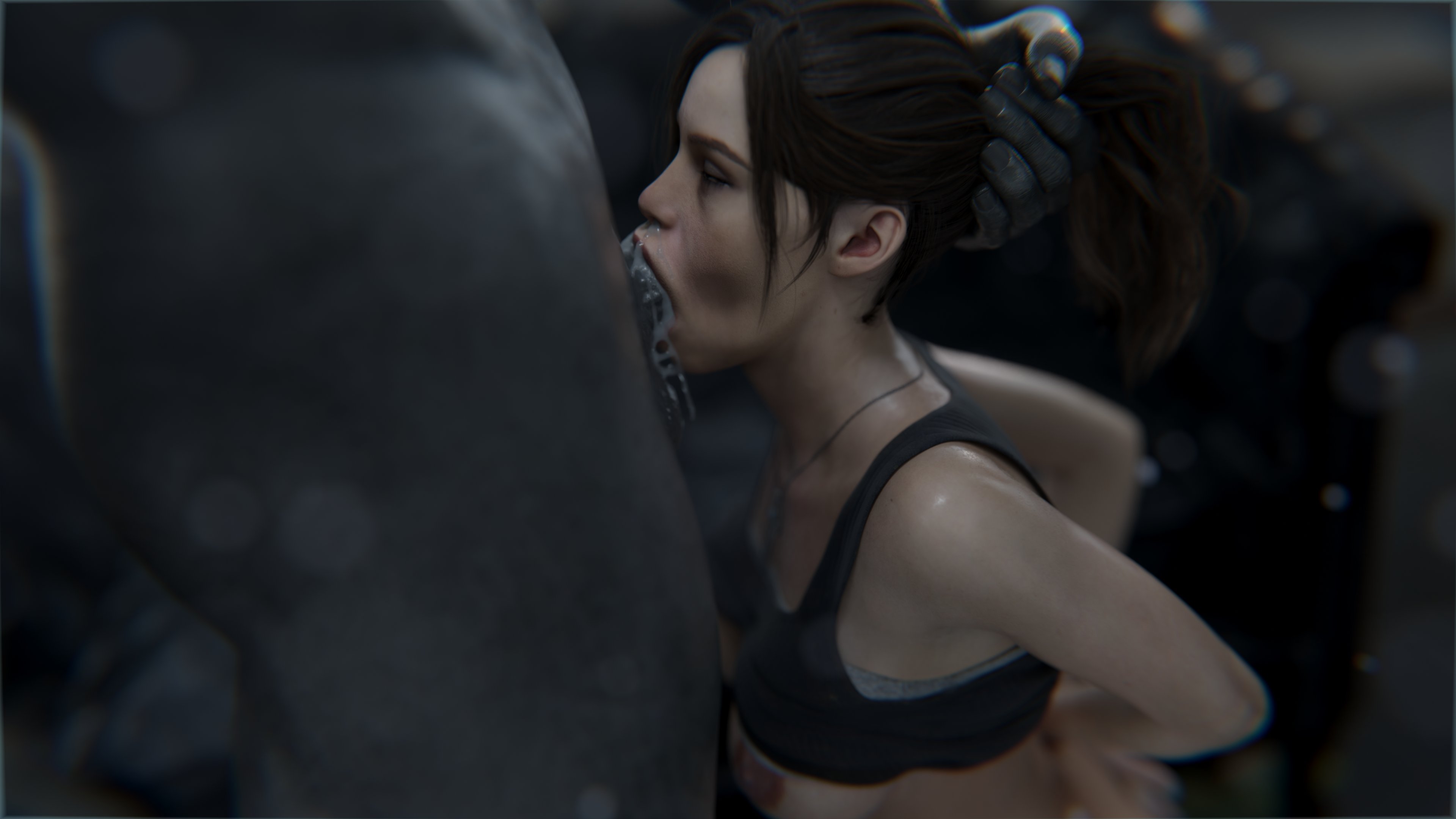 1boy, 1girls, 1monster, 3d, all the way to the base, areolae, breasts, breasts out, brown hair, claire redfield, claire redfield (jordan mcewen), closed eyes, cum, cum in mouth, cum inside, cum leaking, cum out nose, deepthroat, duo, female, female focus, female penetrated, grey body, grey skin, hair grab, hands behind back, light skin, light-skinned female, long hair, male, male penetrating, male penetrating female, male/female, monster, monster on female, mr x, necklace, nipples, oral, ponytail, resident evil, resident evil 2, stephanie23, tank top, tank top up, tyrant, unseen male face