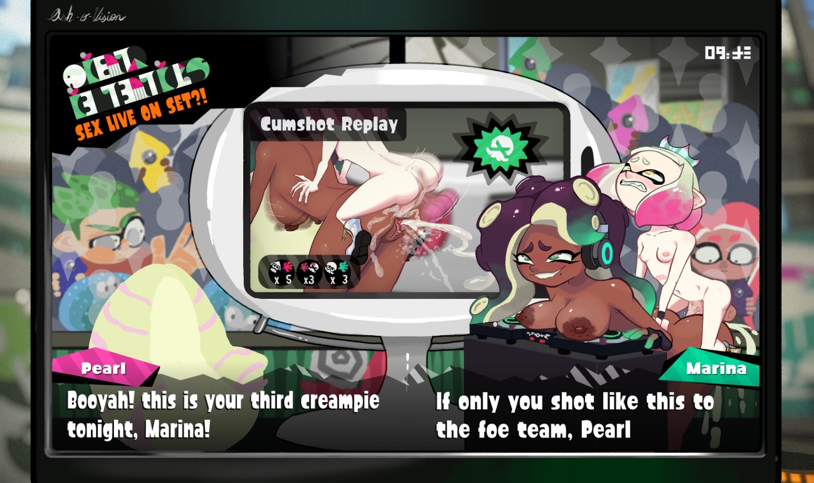 1futa, 1girls, anal, areolar amelanism, being recorded, being watched, breasts, cum in pussy, dark skin, dark-skinned female, dialogue, duo focus, english text, exhibitionism, footwear only, from behind, futa on female, futanari, gameplay mechanics, green eyes, inkling, light-skinned futa, marina (splatoon), nipples, octoling, pearl (splatoon), public, public sex, smaller futa, splatoon, splatoon (series), splatoon 2, squirting, squirting from anal, tricksterash