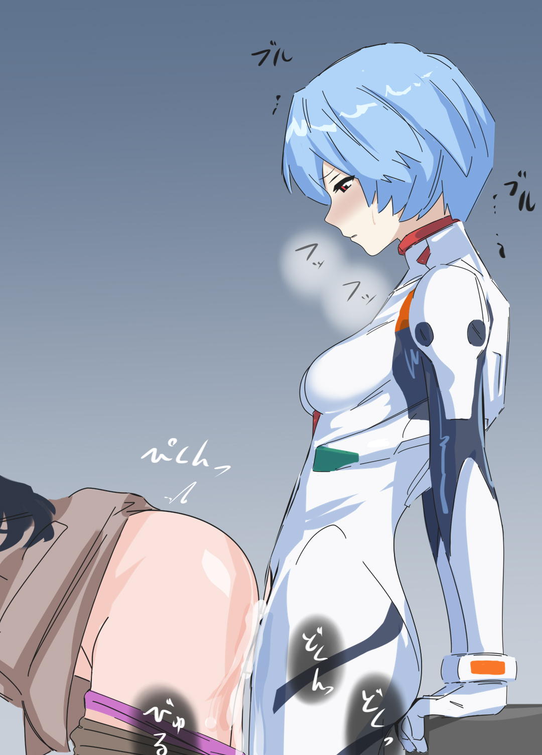 1futa, ass, blue hair, bodysuit, cum, cum inside, cum overflow, cumdrip, ejaculation, female, female out of frame, from side, futa on female, futanari, heavy breathing, looking at viewer, medium breasts, motion lines, neon genesis evangelion, penetration, plugsuit, raitaroo, red eyes, rei ayanami, short hair, simple background, sound effects, sweat, white bodysuit