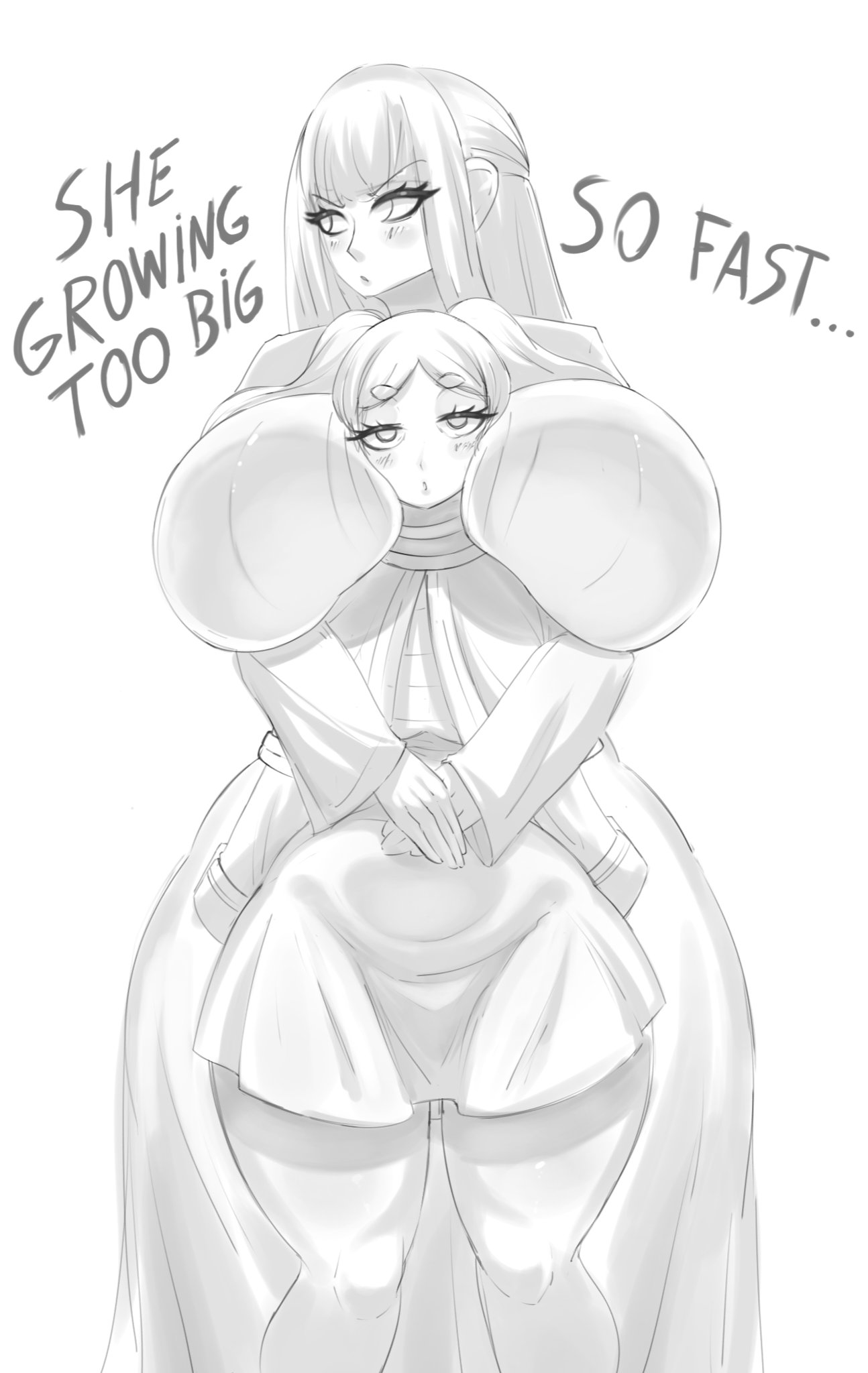2girls, big breasts, dialogue, elf female, female, fern (sousou no frieren), frieren, frieren beyond journey's end, fully clothed, head between breasts, hug, lyne (artist), voluptuous female