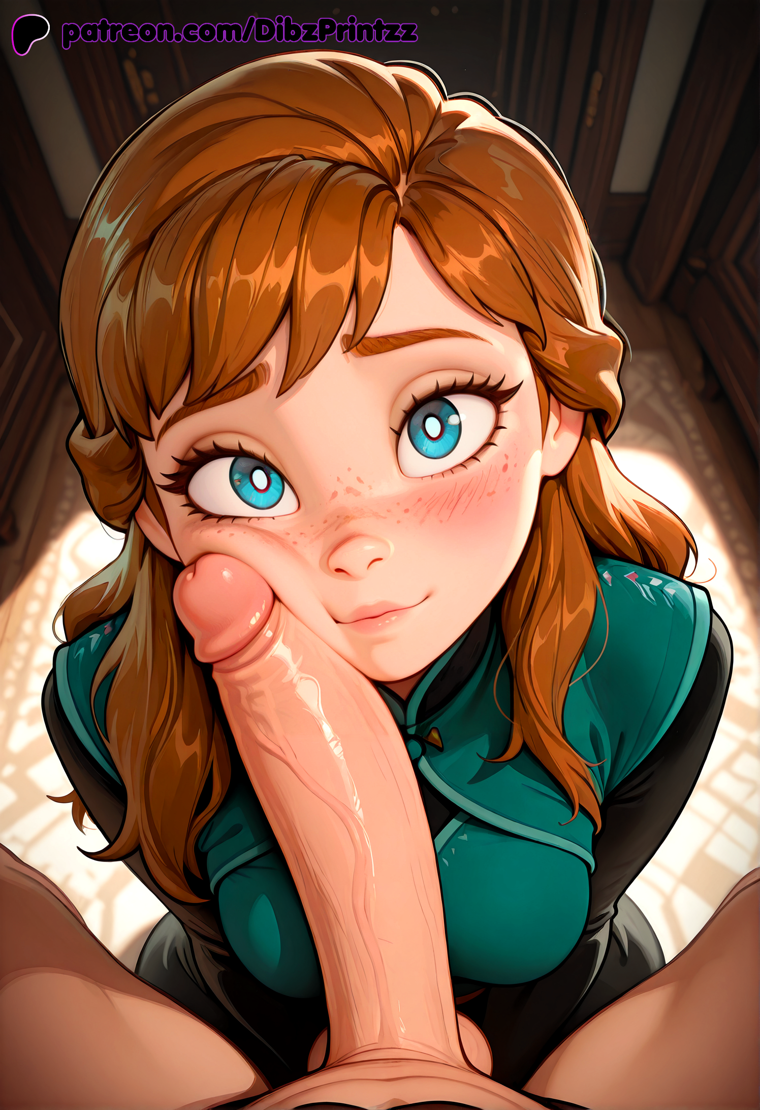 1boy, 1girls, ai, ai assisted, ai generated, anime, anna (frozen), artist name, blue eyes, blush, breasts, brown hair, cheek press, closed mouth, dibzprintz, disney, disney princess, dress, erection, fansly, female, freckles, frozen (film), frozen 2, green dress, hi res, high quality, high resolution, highres, indoors, lips, long hair, looking at viewer, medium breasts, patreon username, penis, penis on face, pov, smile, solo focus, straight, testicles, uncensored, veins, veiny penis, watermark, web address