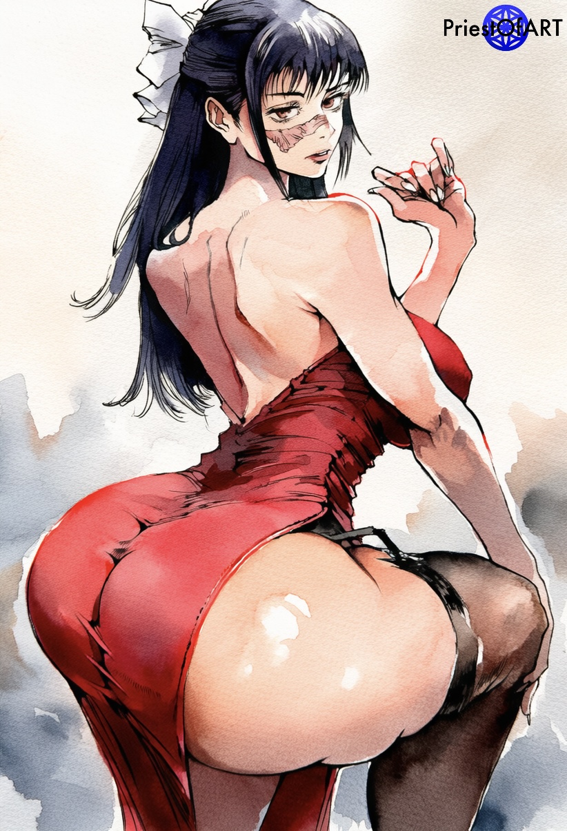 1girls, ai generated, big ass, big butt, black hair, curvy, dress, female, female only, from side, garter straps, jujutsu kaisen, priestofart, red dress, scar on face, shiny, simple background, solo, solo female, stockings, thick thighs, utahime iori, watercolor, watercolor (artwork), watermark, wide hips
