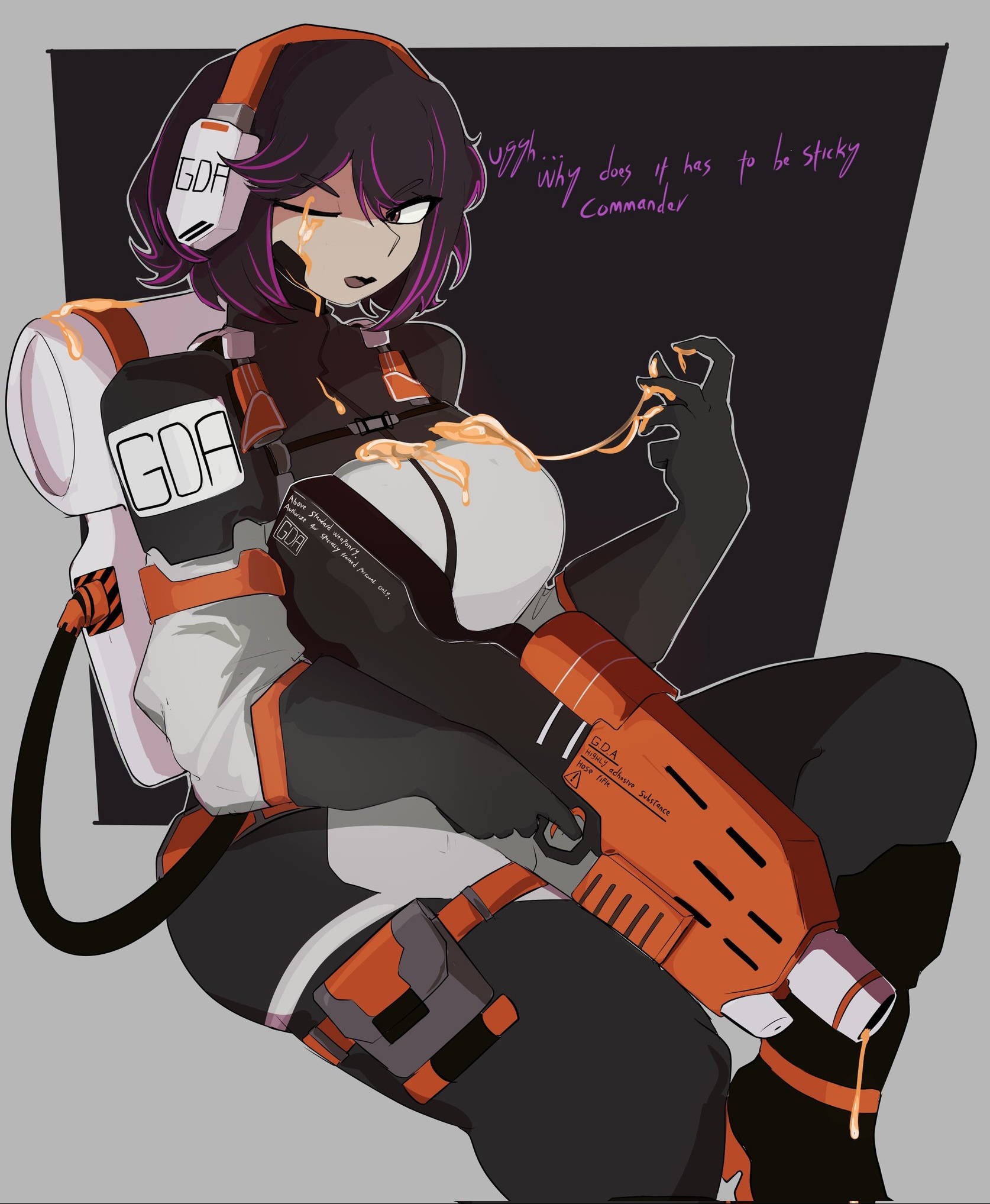 1girls, aschazm, black hair, breasts, clothed, clothing, dialogue, english text, female, female focus, female only, goo, goo gunner (tdx), goo on breasts, goo on eye, goo on face, goo string, gun, one eye closed, open mouth, roblox, roblox game, robloxian, short hair, sitting, solo, solo female, solo focus, source request, suit, tagme, text, thighs, tower defense x, weapon