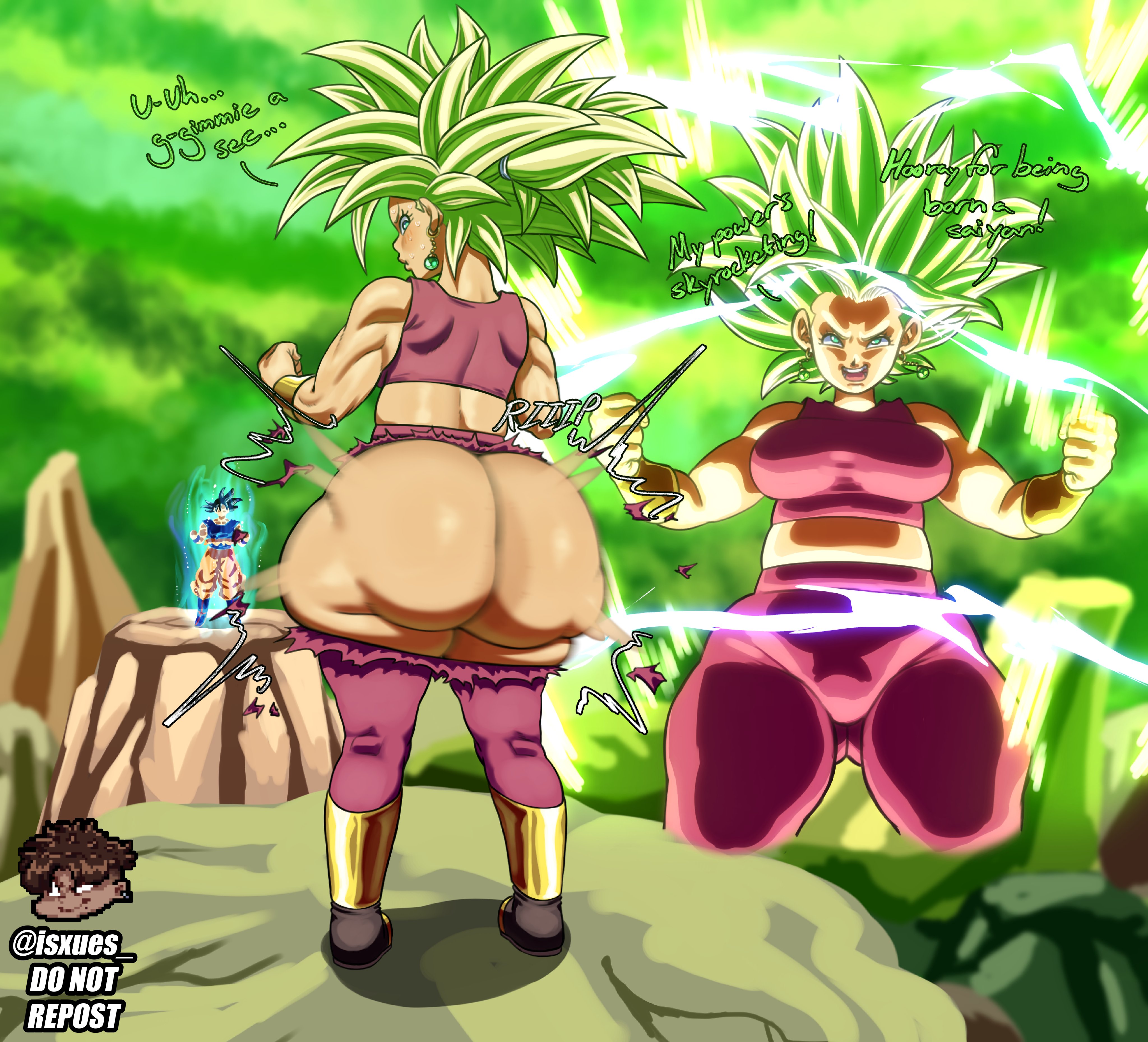 1girls, ass, back view, dragon ball, female, huge ass, isxues, kefla, ripped clothing, son goku, standing, text, wardrobe malfunction