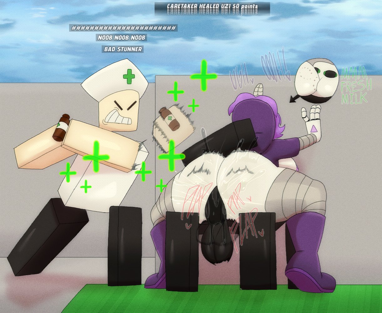 1boy, 1girls, 1other, abrahamslapper, anal, anal addiction, anal insertion, anal orgasm, anal penetration, anal sex, angry, ass, balls, black body, blocky body, breast sucking, breastfeeding during sex, breasts, caretaker (die of death), civilian (die of death), cowgirl position, crossover, dialogue, die of death (roblox), duo, english text, female, female focus, female orgasm, female penetrated, game mechanics, glitch productions, hand on wall, healing, high resolution, interspecies, looking pleasured, male, male penetrating, male penetrating female, male/female, murder drones, nipples, onomatopoeia, orgasm, orgasm face, outdoors, penis, penis in ass, pleasured, pleasured female, public sex, pursuer (die of death), pussy juice, pussy juice drip, pussy juice trail, roblox, roblox game, robloxian, robot, sucking nipples, text, text box, tongue out, uzi (murder drones), white head