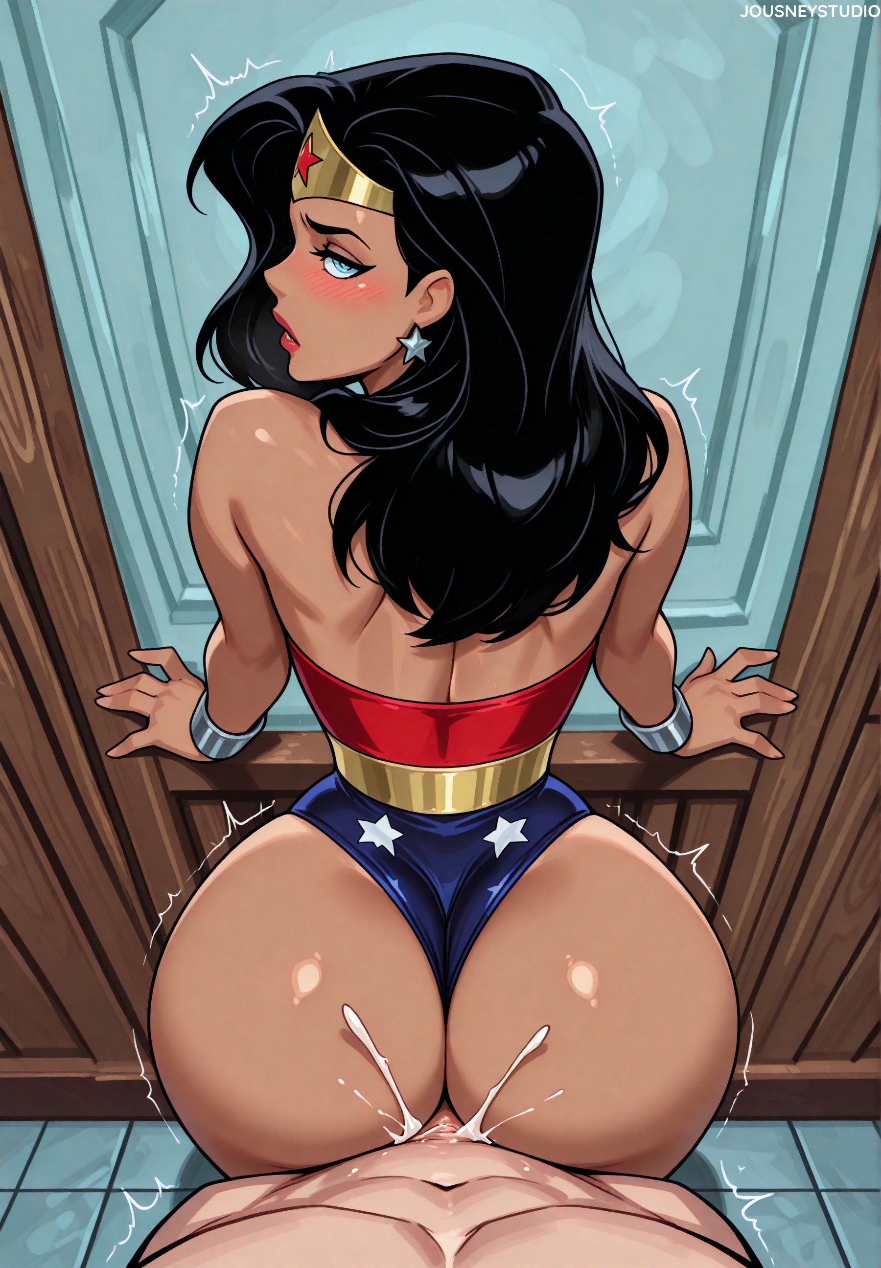 1boy, 1girls, ai generated, anal, anal sex, arm support, artist name, ass, back, bare shoulders, bent over, black hair, blue eyes, blue leotard, blush, bracelet, breasts, circlet, clothed female nude male, clothed sex, clothing, clothing aside, crown, cum, dark skin, dark-skinned female, dc, dc comics, diana prince, earrings, ejaculation, female, from above, from behind, highleg, highleg leotard, huge ass, indoors, jewelry, jousneystudio, justice league, leotard, leotard aside, lips, long hair, looking at viewer, looking back, makeup, male, male penetrating female, muscular, nude, penis, pov crotch, red lips, semen, sex, sex from behind, solo focus, standing, standing sex, star (symbol), star earrings, straddling, straight, strapless, strapless leotard, superhero, superwoman, thighs, thong leotard, tiara, tile floor, tiles, trembling, vaginal penetration, wonder woman, wonder woman (series)
