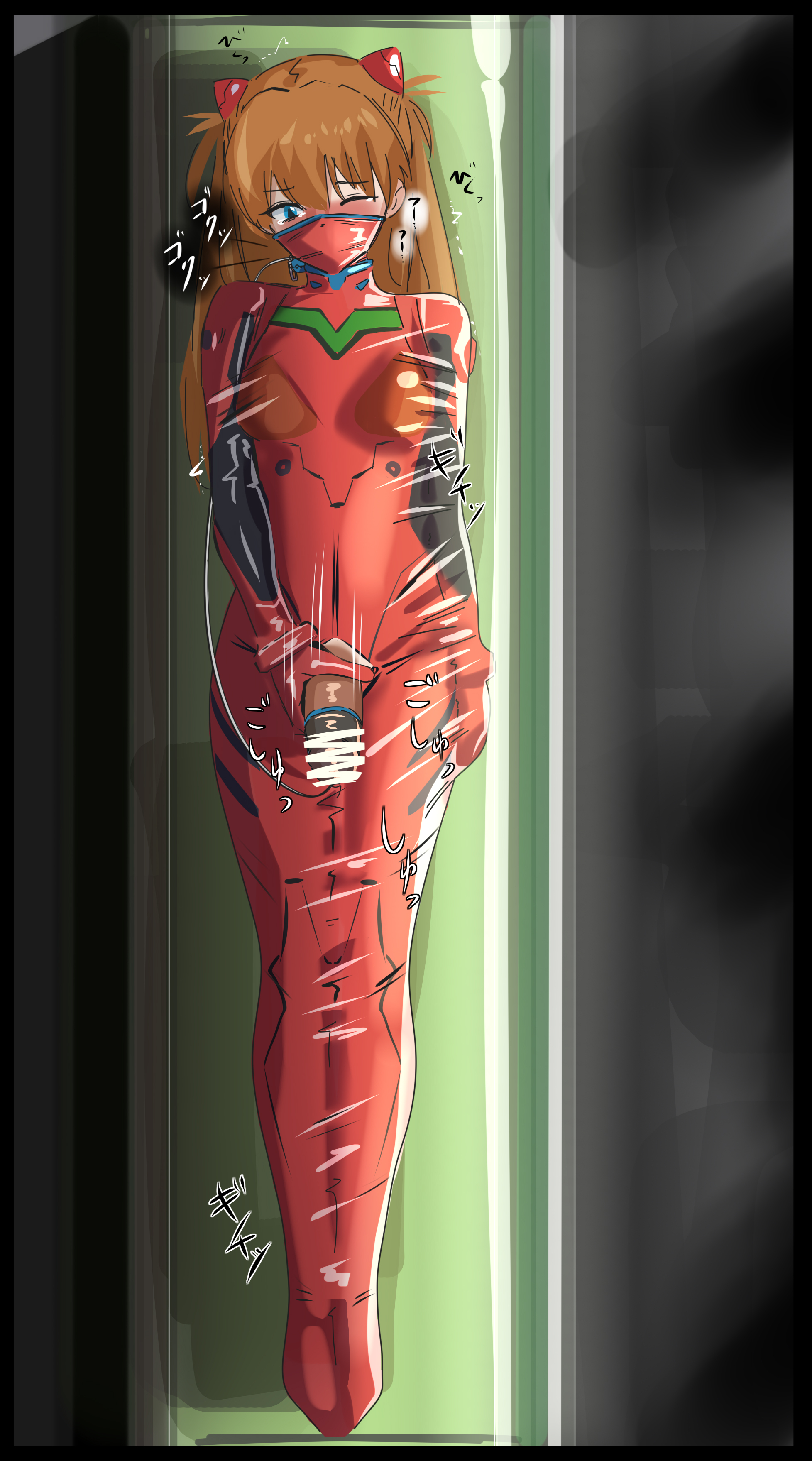asuka langley sohryu, bar censor, blue eyes, blush, bodysuit, bondage, censored, full body, futa masturbation, futa only, futanari, futanari masturbation, heavy breathing, looking at penis, looking down, mask, masturbation, motion lines, neon genesis evangelion, one eye closed, orange hair, plugsuit, raitaroo, red bodysuit, solo, solo futa, sound effects, tears