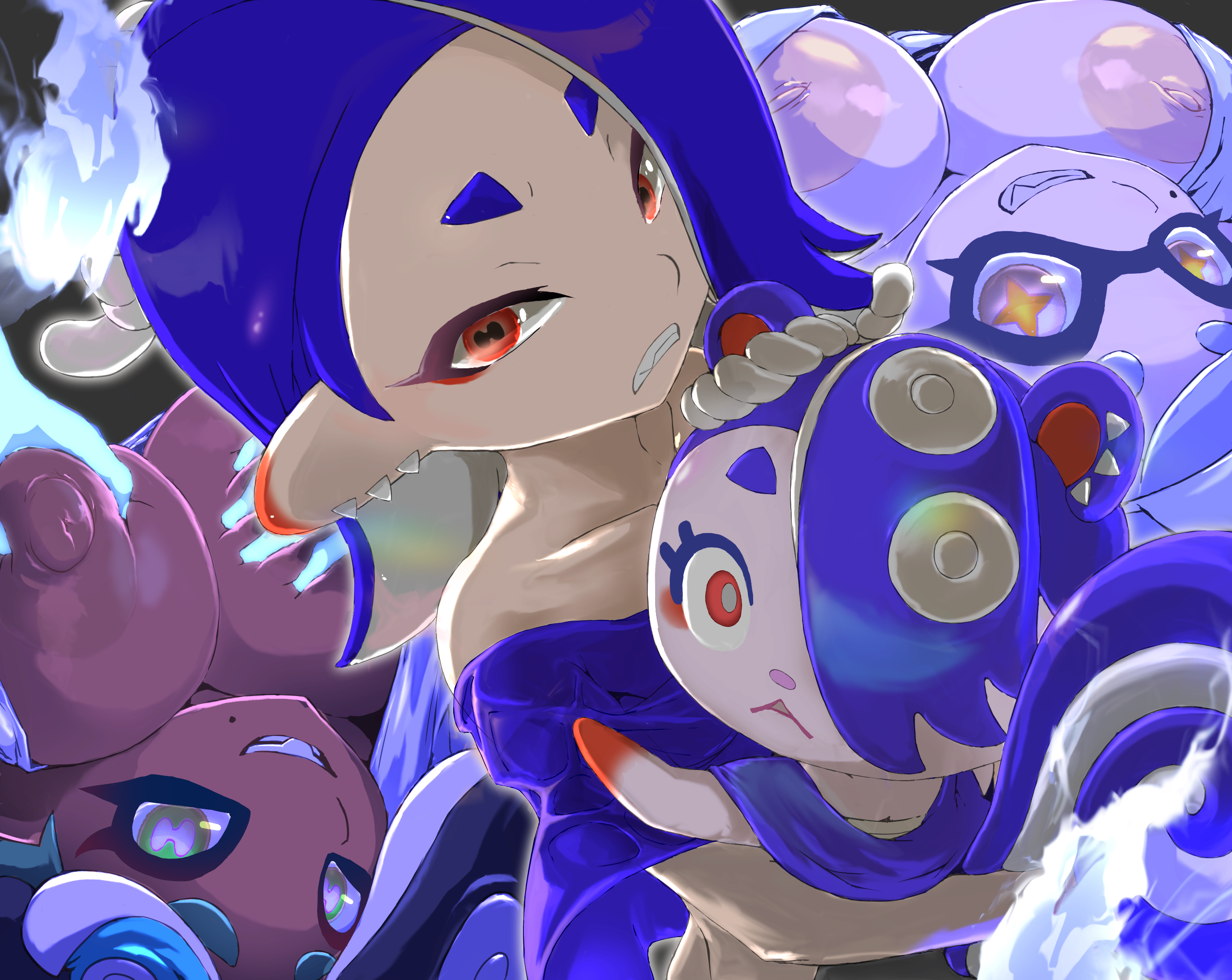 + +, 4girls, animal crossing, animal crossing new horizons, big breasts, blue eyes, blush, breasts, cece (animal crossing), cleavage, female, female focus, female only, ghost hands, hideyoshi (swliyhbpe9xqqze), inkling, large areolae, large breasts, looking at viewer, marie (splatoon), marina (splatoon), marina ida, mole under eye, nintendo, nipples, red eyes, rodent, scared, scared expression, shiver (splatoon), shiver (splatoon) (cosplay), shiver hohojiro, splatoon, splatoon (series), splatoon 3, symbol-shaped pupils, tentacle, tentacle hair, unusual anatomy, unusual eyes, unusual pupils, white hair, yellow eyes, yellow pupils