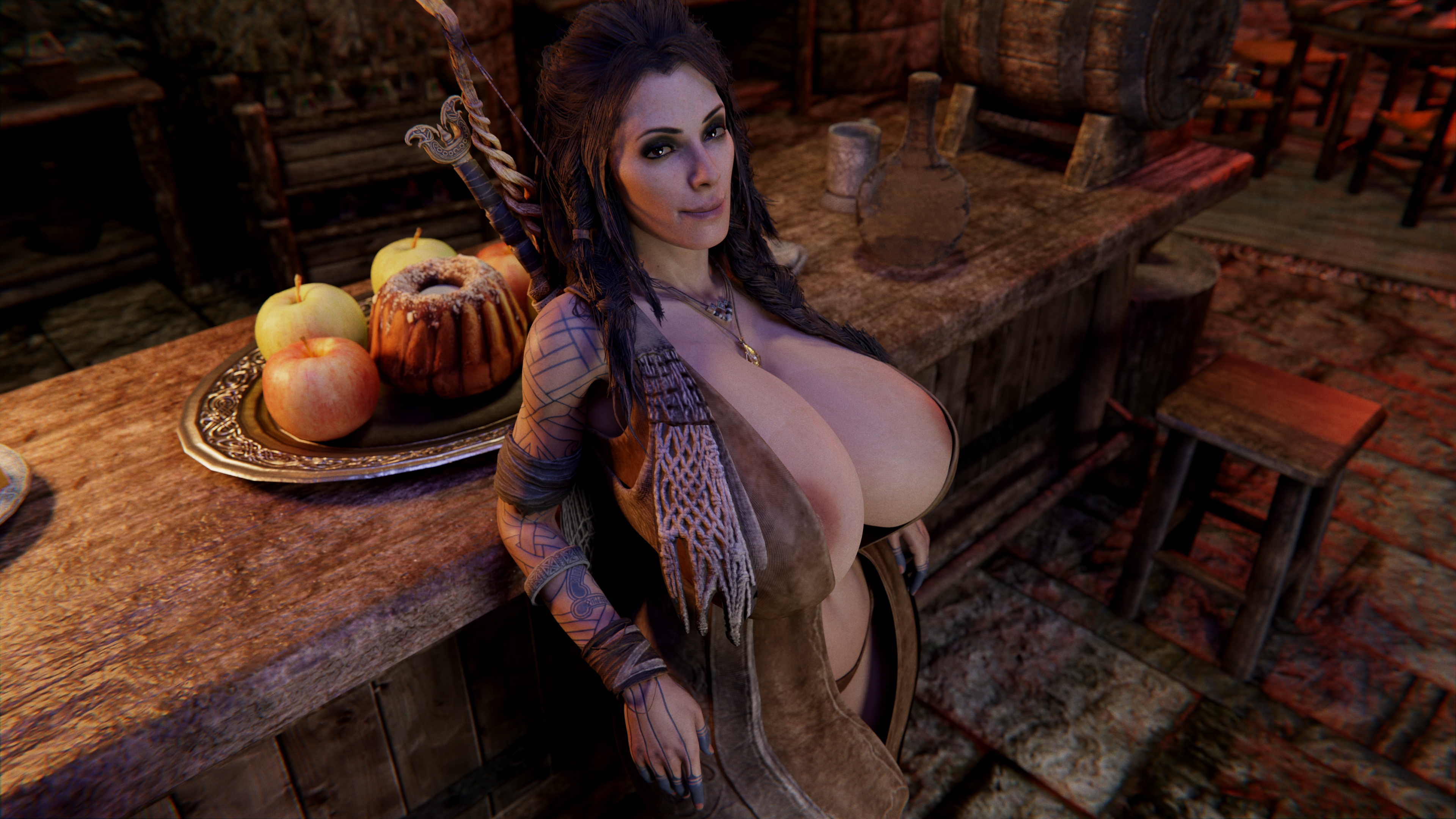 3d, 4k, apple, big breasts, bow, bracelet, brown hair, chumb3d, clothed, freya (god of war), fruit, god of war, god of war ragnarok, goddess, highres, huge breasts, looking at viewer, milf, necklace, necklace between breasts, nipples visible through clothing, no bra, open dress, panties, resting, smile, smiling, standing, sword on back, tattoo, tattooed arm, tavern