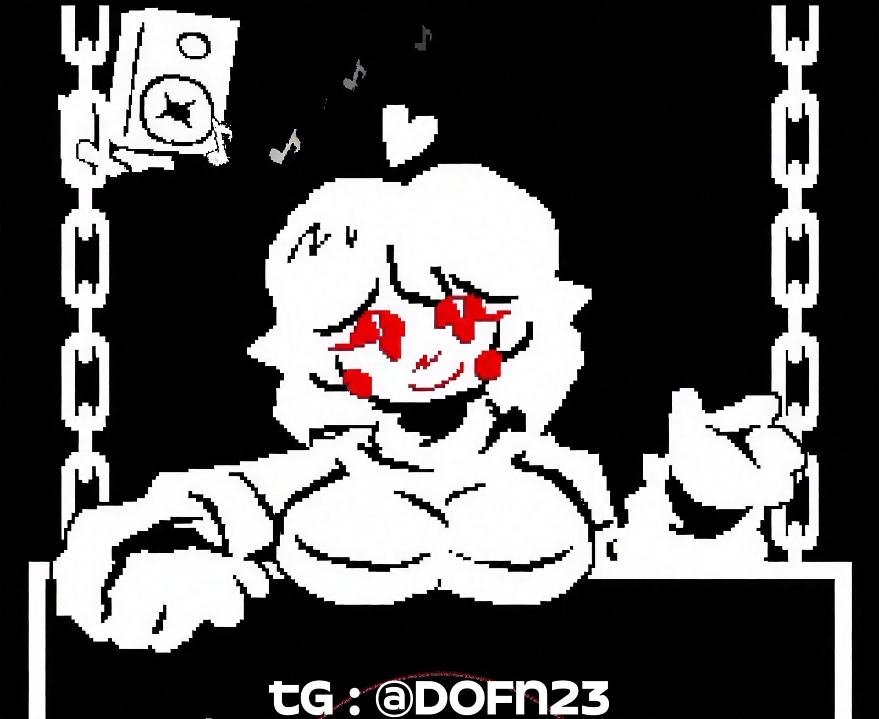 1girls, black and white, breasts, chains, chara, looking at viewer, love maniac, musical note, speaker, undertale, video games, wide hips