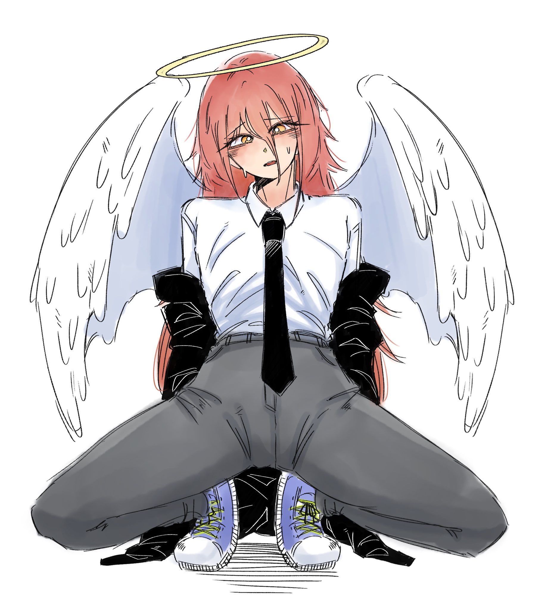 1boy, angel, angel devil (chainsaw man), angel wings, crumblestodust, femboy, halo, head tilt, jeans, orange eyes, red hair, squatting, tie, white background, white shirt