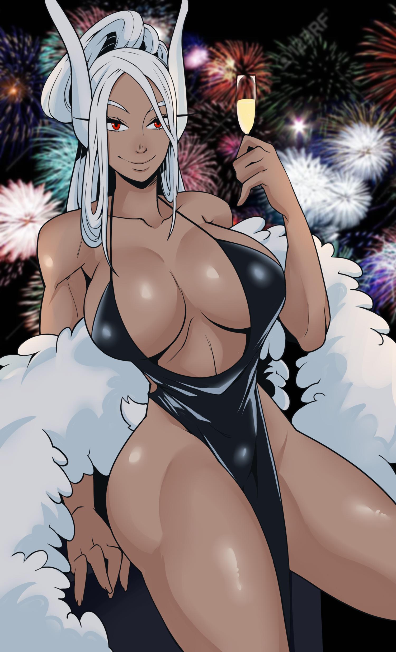 1girls, absurdres, aerial fireworks, alternate costume, alternate hairstyle, animal ears, ass, backless dress, backless outfit, bare shoulders, big breasts, bighead333, black dress, boku no hero academia, breasts, brown skin, brown skinned female, brunette, champagne flute, chinese zodiac, cleavage, cocktail dress, collarbone, commentary, cup, dark skin, dark-skinned female, dress, drinking glass, evening gown, female, fireworks, fit female, formal clothes, fur shawl, happy new year, high heels, highres, huge ass, huge breasts, large breasts, latex clothing, latex suit, long eyelashes, long hair, looking at viewer, mature female, mirko, miruko, muscular, muscular female, my hero academia, night, outdoors, pelvic curtain, platform heels, plunging neckline, rabbit ears, rabbit girl, red eyes, revealing clothes, rumi usagiyama, shawl, shiny body, shiny clothes, sky, smile, smug face, solo, standing, superhero costume, thick ass, thick legs, thighs, toes, toned, walking, white hair, year of the rabbit