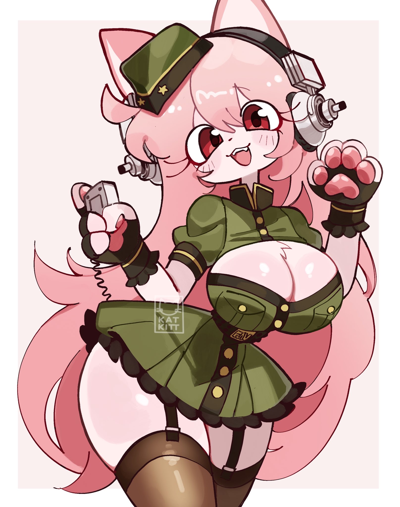 animal ears, animal genitalia, big breasts, cat ears, cat humanoid, hat, headphone, huge breasts, huge thighs, kat kitt, medikitten, nitroplus, pink, pink background, pink hair, red eyes, super sonico, thighs