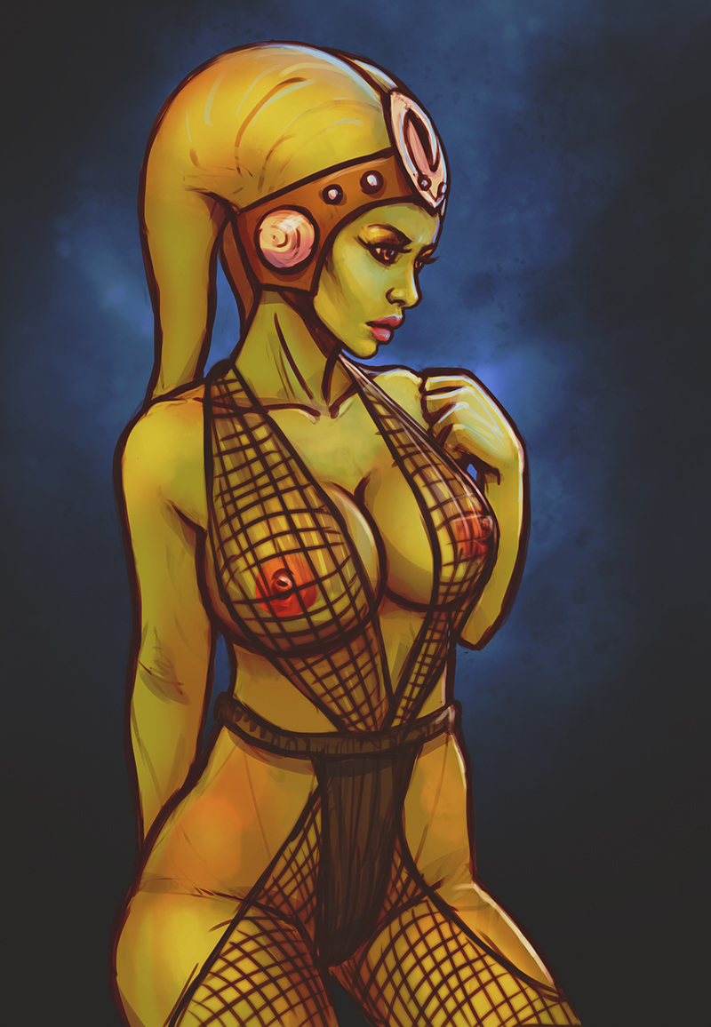 1girls, alien, alien girl, areolae, arms up, bald, blue background, boobsgames, breasts, brown eyes, cleavage, curvy, dancer outfit, eyelashes, female, female only, fishnets, forehead protector, front view, green skin, headgear, highres, humanoid, large breasts, leotard, lipstick, makeup, nipples, no bra, oola, red lipstick, return of the jedi, see-through, slave girl, solo, standing, star wars, twi'lek