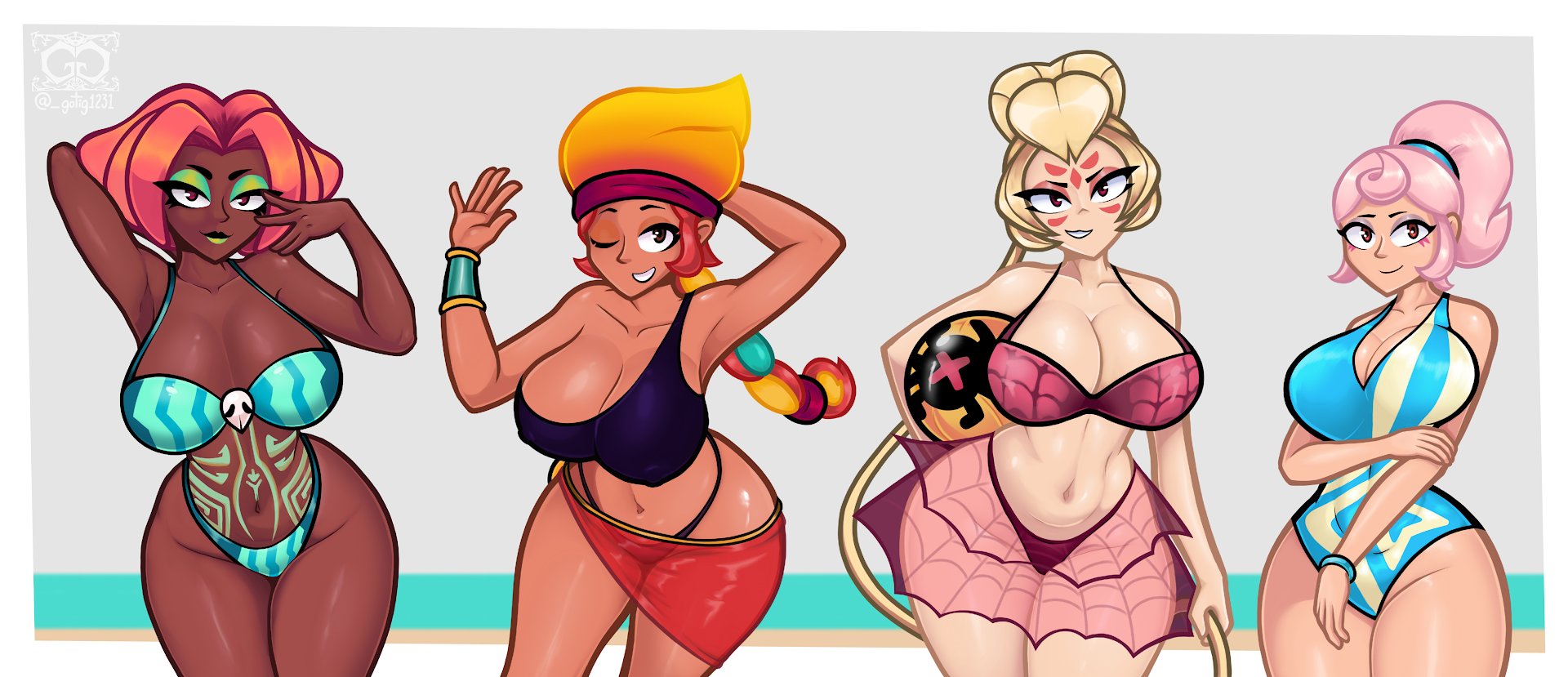 4girls, amber (brawl stars), beach, beach ball, big breasts, bikini, bikini bottom, bikini top, blonde hair, brawl stars, breasts, charlie (brawl stars), clothing, dark skin, dark-skinned female, eyeshadow, female, gotig1231, huge breasts, janet (brawl stars), juju (brawl stars), large breasts, large filesize, latina, latina female, light skin, light-skinned female, lipstick, long hair, looking at viewer, mature female, mature woman, multiple females, multiple girls, orange hair, pink hair, ponytail, red hair, seductive, seductive eyes, smile, take your pick, tattoo, tattoos