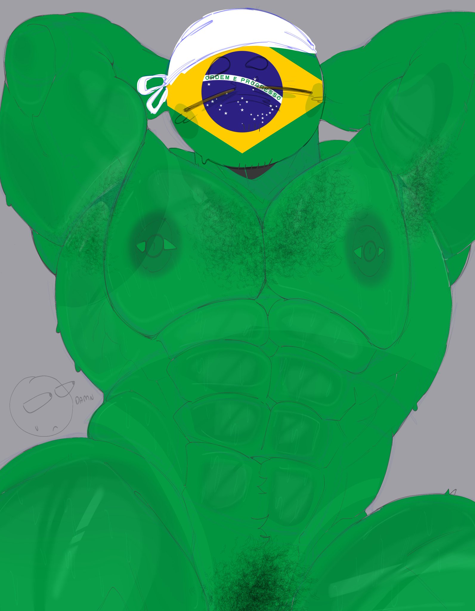 bandana, brazil, brazil (countryhumans), closed eyes, countryhumans, green nipples, green skin, hairy, hairy armpits, hairy chest, hairy crotch, hands behind head, male only, muscular, muscular male, oatbred