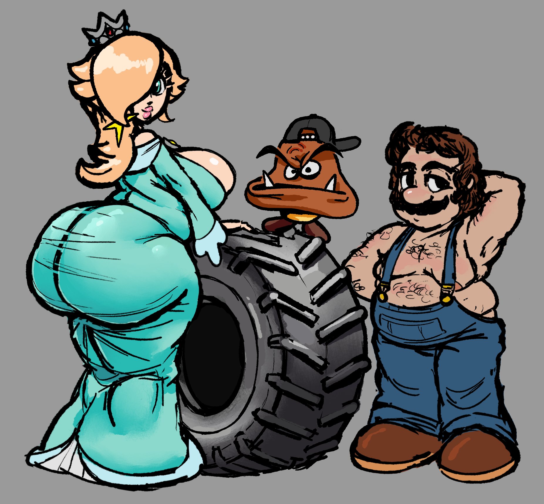 ass, ass in dress, big ass, big breasts, body hair, chompsky, chompskyhonk1, dress, fat, fat ass, fat male, female, goomba, hat, huge ass, male, mario, mario (series), nintendo, overalls, overweight male, princess rosalina, shirtless, shoes, tire
