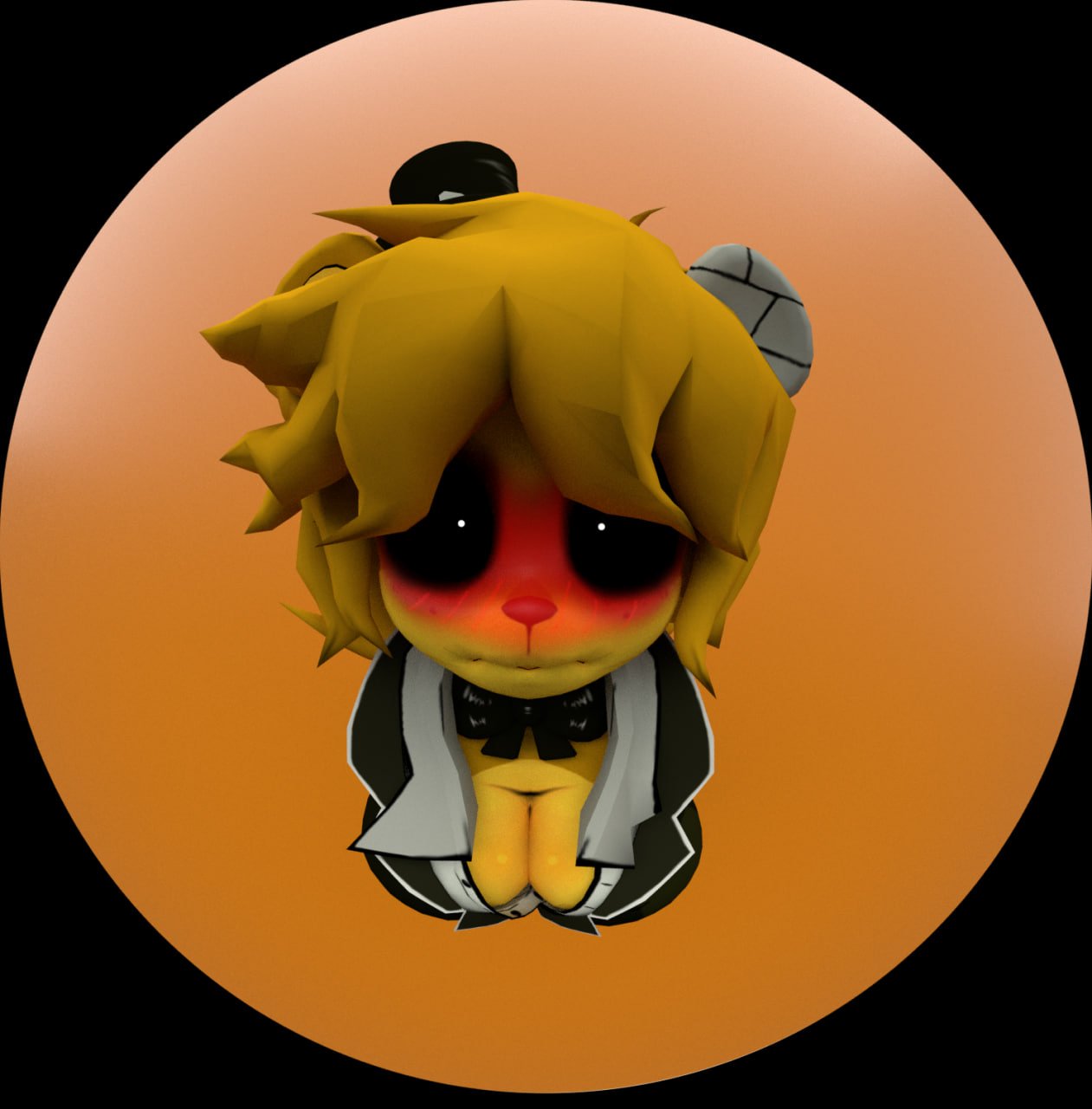 3d, animatronic, bear, black hat, blender, blush, bow tie, cryptiacurves, fap nights at frenni's, fazclaire's nightclub, fisheye, five nights at freddy's, fredina's nightclub, golden freddy (fnaf), golden freddy (fnia), golden fredina (cally3d), looking at viewer, self upload, simple background, solo, tagme, type 0, vorongamer, white pupils, yellow body, yellow hair