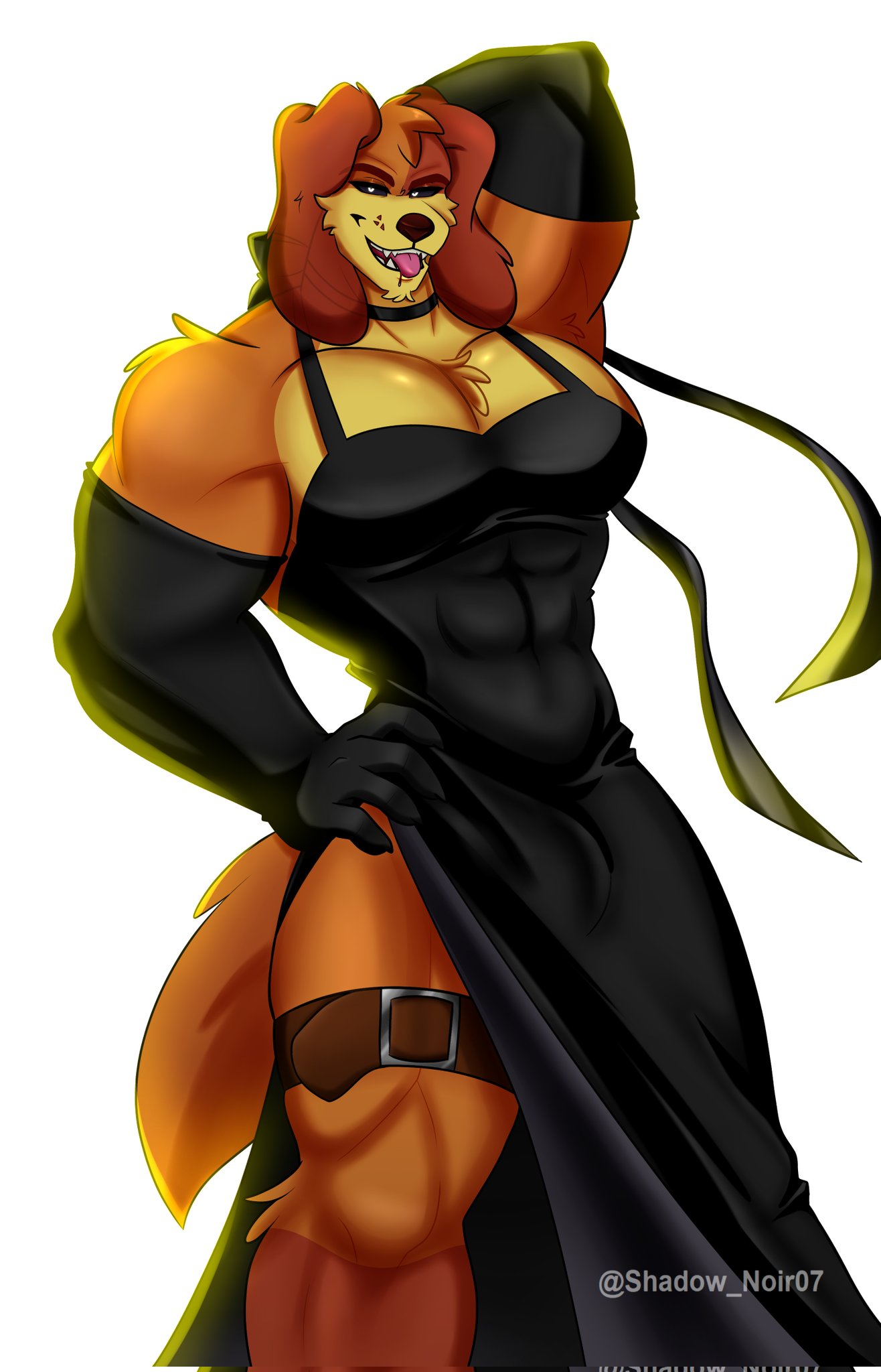 1boy, 1boys, 1male, 2026, 2026s, anthro, anthro male, anthrofied, black dress, black eyes, black gloves, black handwear, black sclera, brown body, brown ears, brown fur, bulge, canid, canine, canis, critters (poppy playtime), crossdressing, digital art, digital drawing, digital drawing (artwork), digital media, digital media (artwork), digital painting, digital painting (artwork), dog, dog boy, dog ears, dog humanoid, dog tail, dogboy, dogday, dogday (poppy playtime), domestic dog, dress, floppy ears, fur, furry, furry male, gloves, handwear, leg belt, male, male anthro, male focus, male only, mammal, mascot horror, mob entertainment, mob games, muscular, muscular anthro, muscular male, neck bow, no humans, opera gloves, orange body, orange fur, orange tail, poppy playtime, poppy playtime (chapter 3), poppy playtime (chapter 4), pupils, shadow noir07, simple background, smiling critters, solo, solo focus, solo male, standing, tail, teeth, thick thighs, thighs, tight clothing, tight dress, tongue, tongue out, video games, white background, white eyes, white pupils