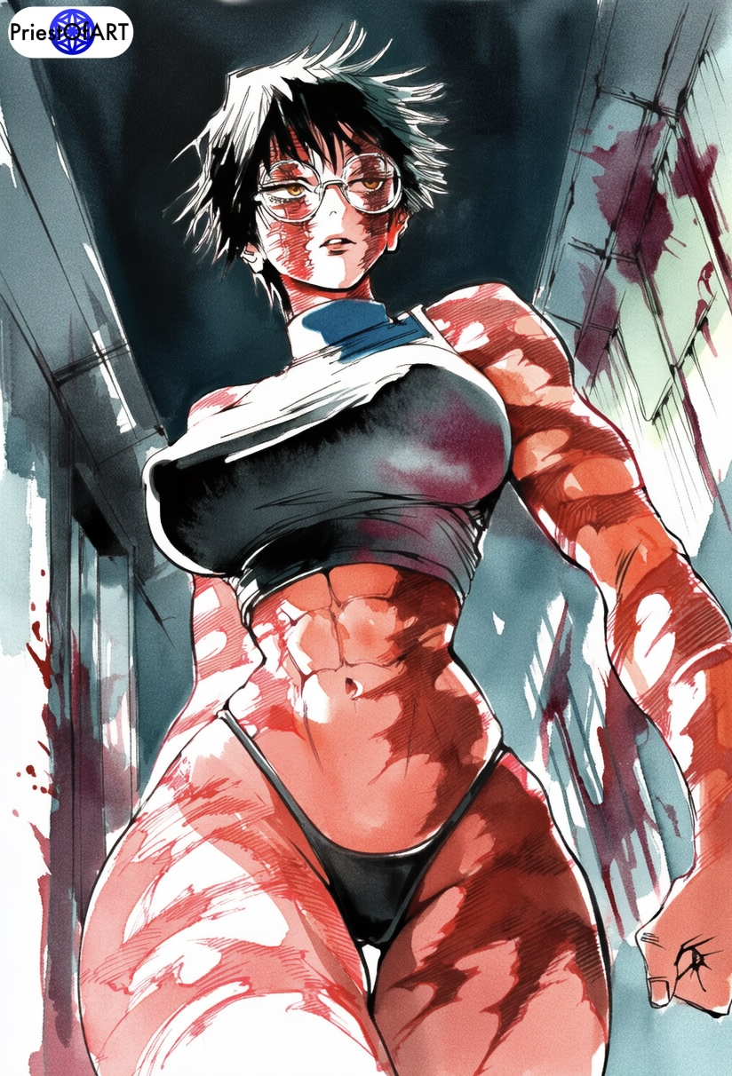 1girls, abs, ai generated, big breasts, blood, blood on face, burn scar, crop top, female, female only, glasses, green hair, jujutsu kaisen, muscular, muscular female, priestofart, shiny, short hair, simple background, solo, solo female, thick thighs, thong, walking, watercolor, watercolor (artwork), watermark, wide hips, zenin maki
