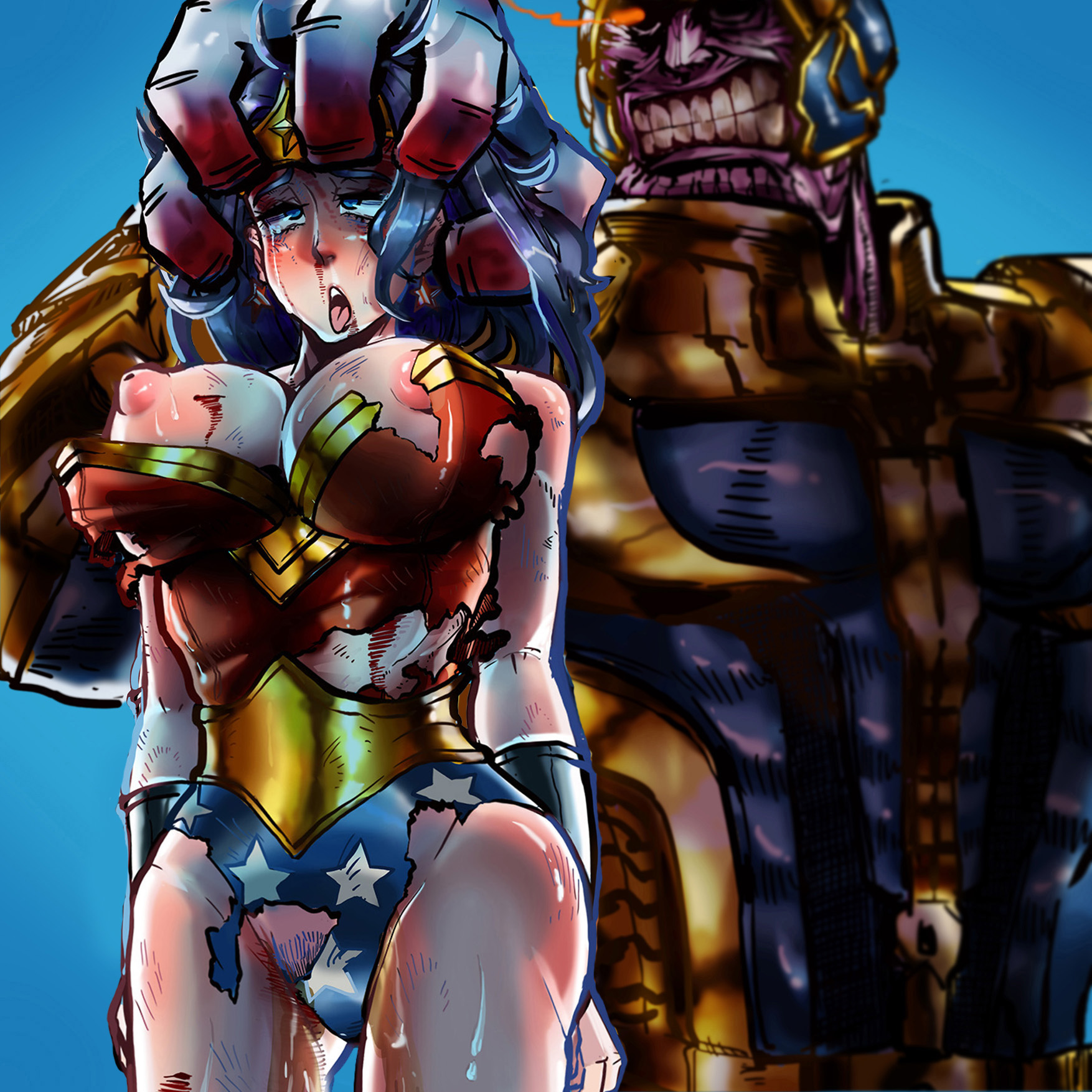 armor, big breasts, breasts, broken rape victim, dc, dc comics, defeated, female, fight, hand on head, humiliation, leotard, male, marvel, marvel comics, nipples, peeing, sonparesu, tears, thanos, torn clothes, wonder woman, wonder woman (series)