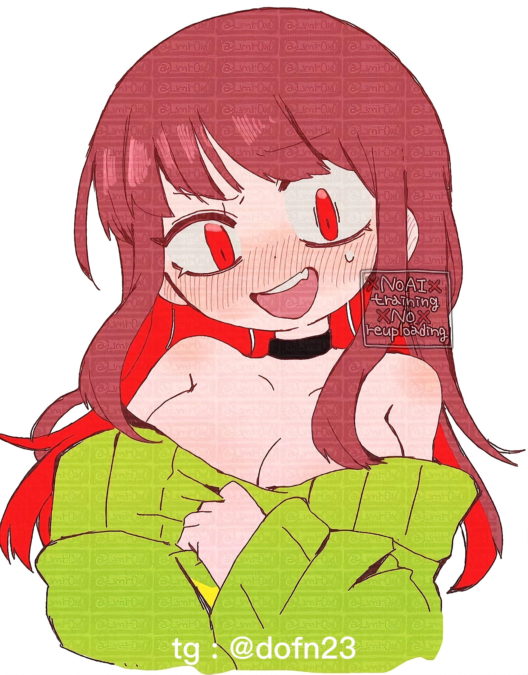 :d, 1girl, aged up, alternate hair length, alternate hairstyle, bare shoulders, black choker, blush, breasts, brown hair, chara, chara (undertale), choker, collarbone, colored inner hair, cropped torso, fang, genderswap, genderswap (otf), green sweater, hand up, highres, long hair, long sleeves, looking at viewer, medium breasts, mr0x0, multicolored hair, nose blush, off shoulder, off-shoulder sweater, open mouth, puffy long sleeves, puffy sleeves, raised eyebrow, red eyes, red hair, sidelocks, simple background, smile, solo, striped clothes, striped sweater, sweater, teeth, too many watermarks, two-tone hair, two-tone sweater, undertale, uneven eyes, upper teeth only, watermark, white background, yellow sweater