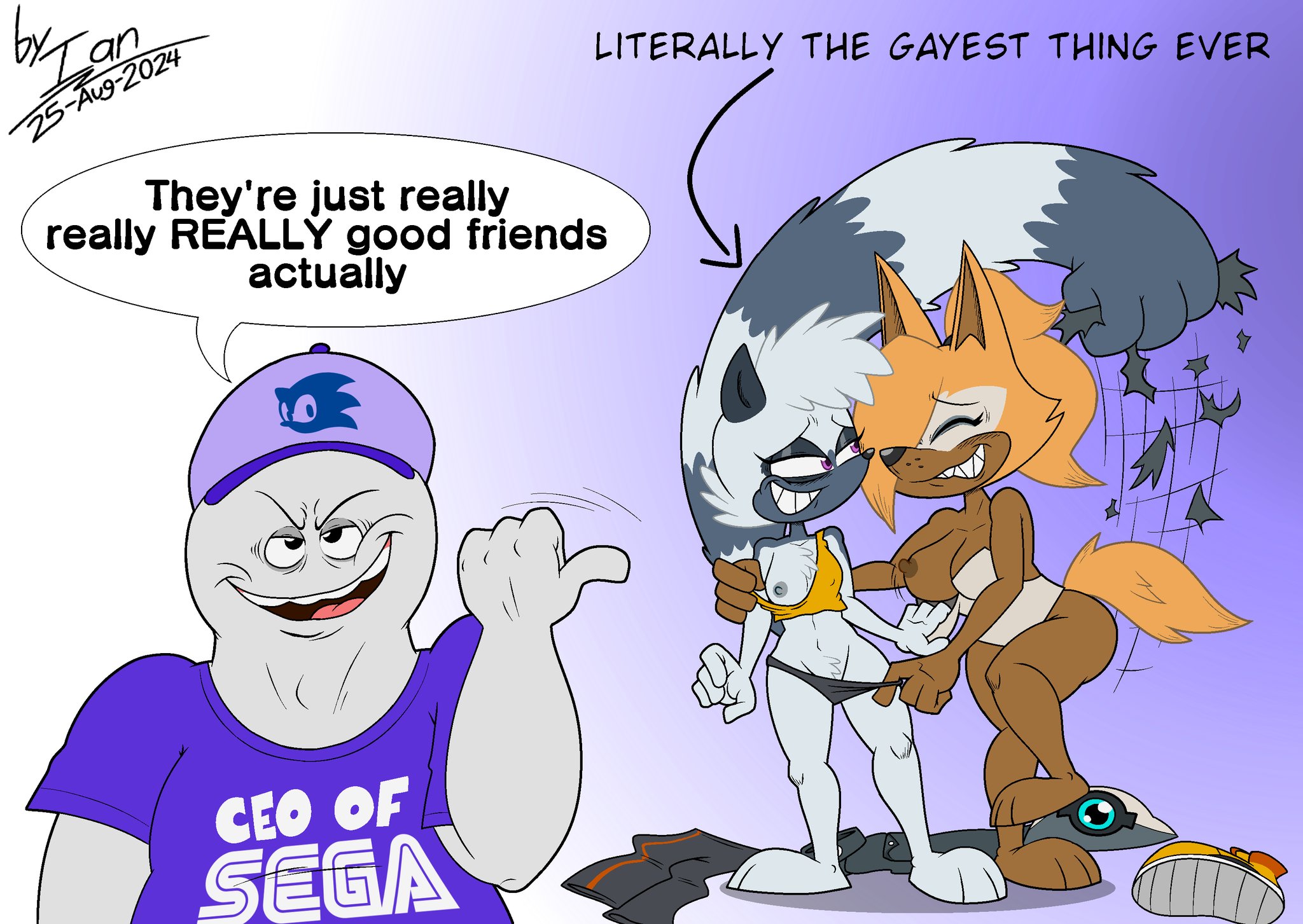 2024, 2girls, anon, anonymous male, anthro, anthro female, barefoot, before sex, big ass, big breasts, big butt, breasts, breasts out, brown body, closed eyes, clothes on floor, controversial, darkraccoon2000, erect nipples, fallenchungus, fan, fanboy, female/female, freckles, freckles on face, furry, furry female, grey body, homophobia, huge ass, huge breasts, huge butt, large ass, large breasts, large butt, lesbian couple, literal coolest thing ever, meme, partially clothed, partially clothed female, pointing, politics, raccoonmugen, ripping clothing, sega, small breasts, smiling at each other, sonic (series), sonic the hedgehog (comics), sonic the hedgehog (idw), sonic the hedgehog (series), taking clothes off, taking off panties, taking off shirt, tangle the lemur, twitter link, whisper the wolf, yuri