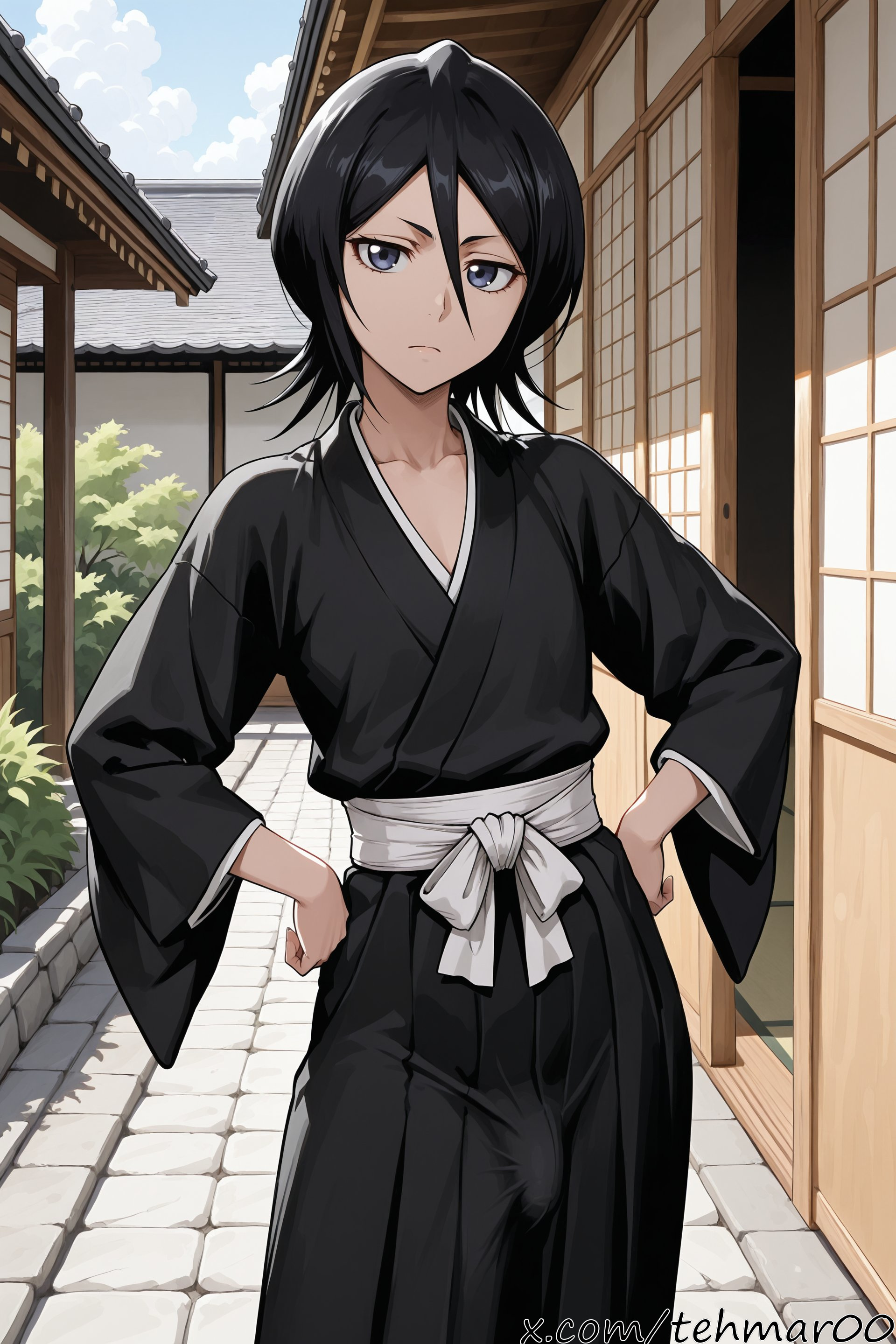 1boy, ai generated, black hair, black kimono, bleach, blue eyes, blue sky, closed mouth, collarbone, cowboy shot, day, east asian architecture, femboy, frown, genderswap (ftm), hair between eyes, hands on hips, japanese clothes, kimono, kuchiki rukia, light-skinned male, long sleeves, looking at viewer, male, male only, male rukia, outdoors, penis, rule 63, short hair, sky, solo, standing, tagme, tehmar, trans woman, transfem, trap, wide sleeves