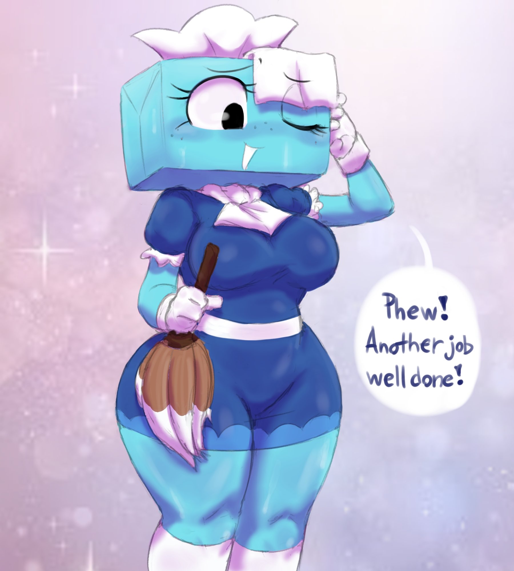 ass, blue dress, blue skin, blush, blushcrunch studio, breasts, dandy's world, dandys world, dialogue, gloves, hips, hourglass figure, hourglass figured female, maid, maid outfit, maid uniform, roblox, sillytypefella, suggestive, tagme, tight clothing, tisha (dandy's world), white gloves, white stockings, wide, wide hips, wide thighs