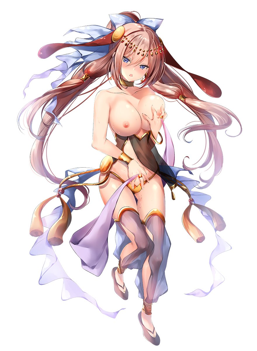 arabian_clothes blush breast_grab breasts dancer female female_only fingering harem_outfit large_breasts long_hair nadia_(taimanin_asagi) sakuranbo shiny shiny_skin solo sweat taimanin_asagi_battle_arena