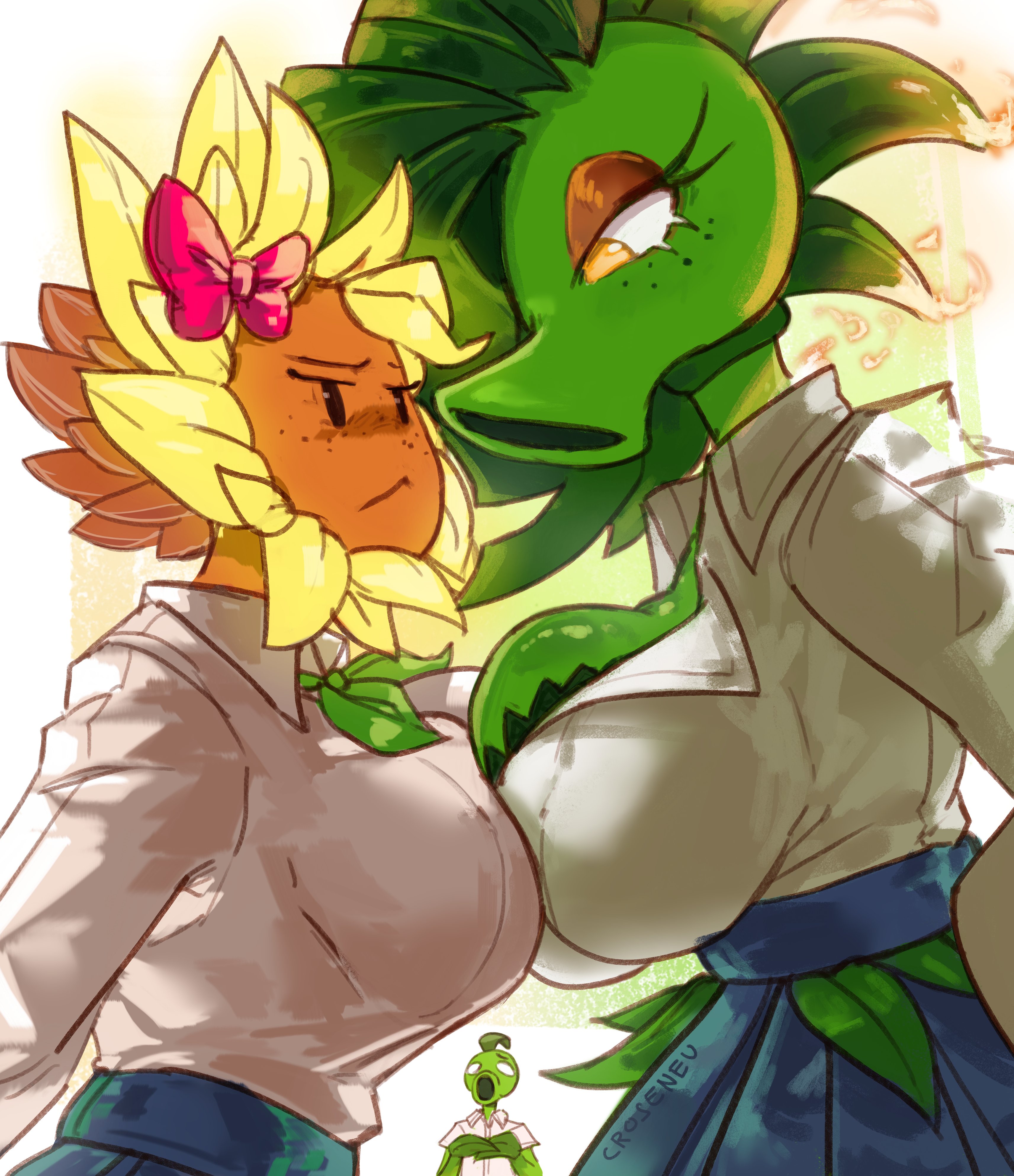 1boy, 2026, 2girls, angry, angry expression, angry face, anthro, ass, ass focus, big breasts, bra, breast squeeze, breasts, breasts against breasts, bubble butt, clothed, clothing, croseneu, electronic arts, female, fight, fighting, flora fauna, freckles, huge breasts, jealous, jealous female, looking at each other, overflowing breasts, peablaze (leafpaw), peashooter (pvz), plant, plant girl, plant humanoid, plantie, plants vs zombies, plants vs. zombies, plump ass, popcap, popcap games, pvz, size difference, smaller female, smaller male, squeezing breast, sunflower (pvz), tall female, taller female, video game, video game character