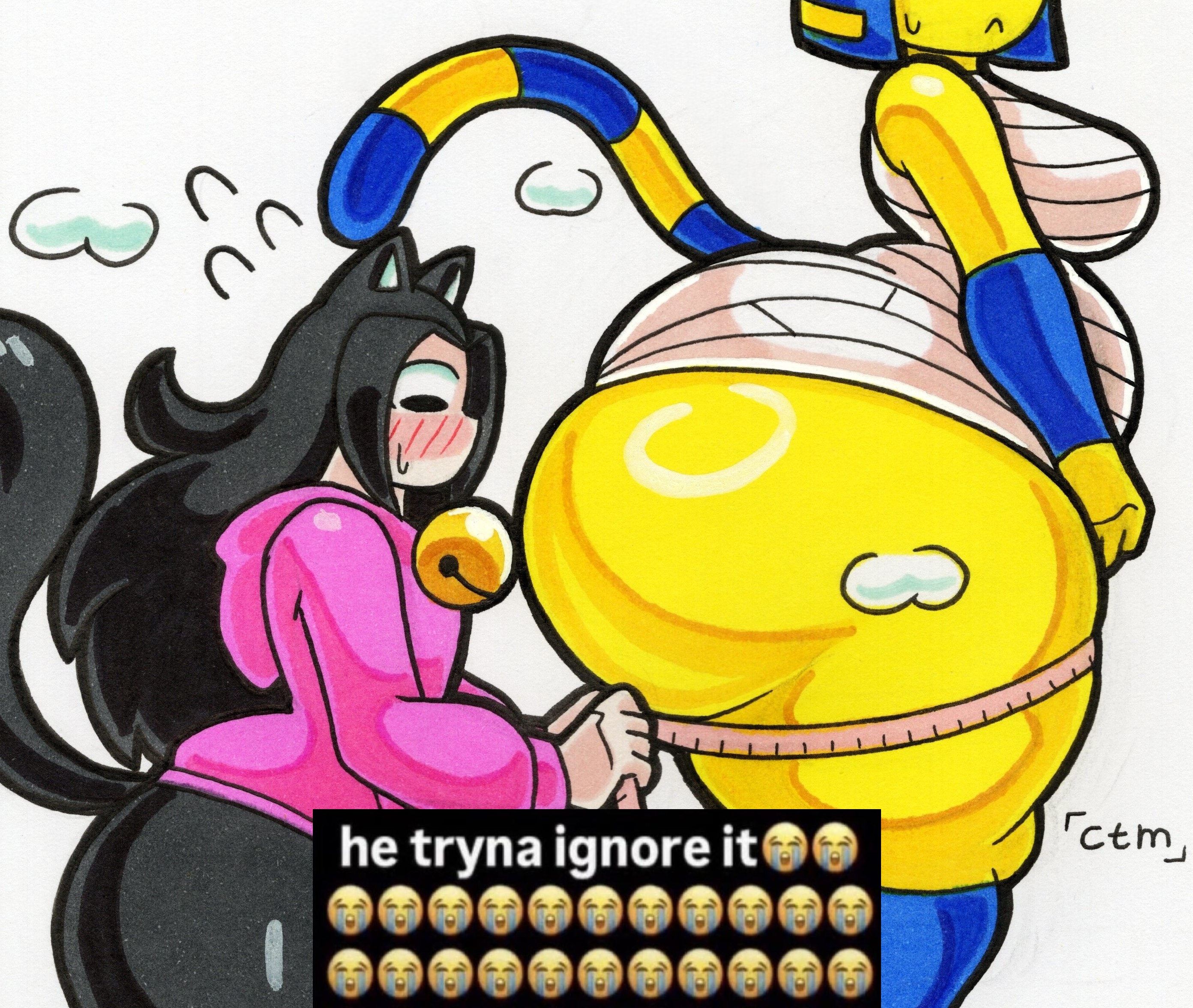 animal crossing, ankha, ankha (animal crossing), bell, big ass, black hair, blue hair, blush, blushing, cat boy, cat girl, cat humanoid, cat tail, catboy, catgirl, chubby, chubby female, clothed, fat ass, fat butt, furry female, he tryna ignore it (meme), huge ass, measuring, meme, mr (mr.ctm), mr.ctm, oc, partially clothed, tight clothing, traditional art, traditional media (artwork)