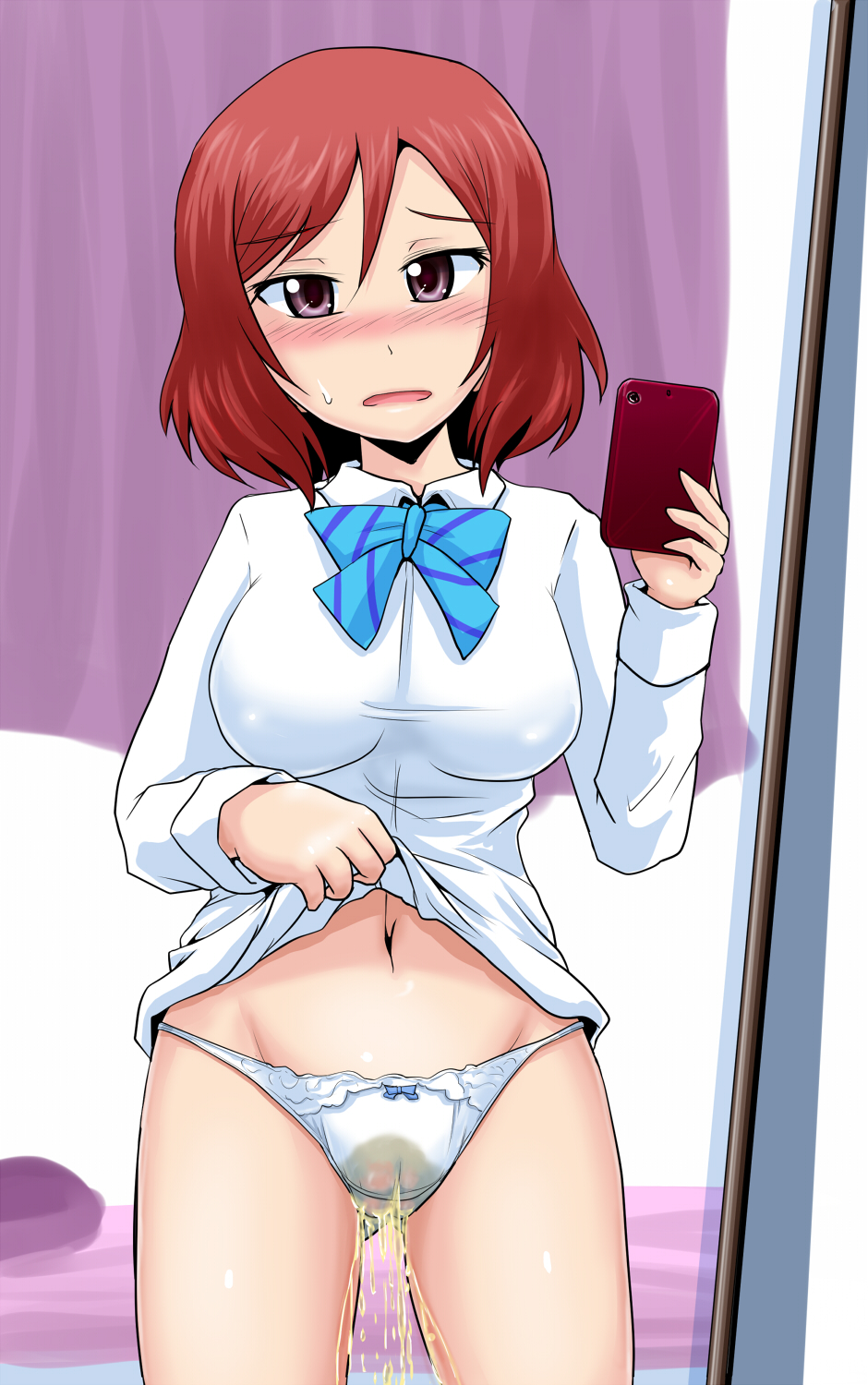 blush, clothing, female, homare (suzu no oka), love live!, love live! school idol project, nishikino maki, panties, peeing, peeing self, phone, red hair, shirt lift, solo, wet panties, wetting