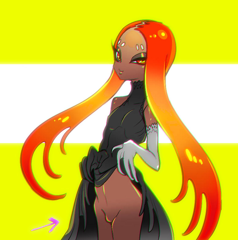 1girls bottom_feeders dark_skin dress dress_lift female fin_bottom_(splatoon) iskan_ika lifting nintendo splatoon splatoon_2