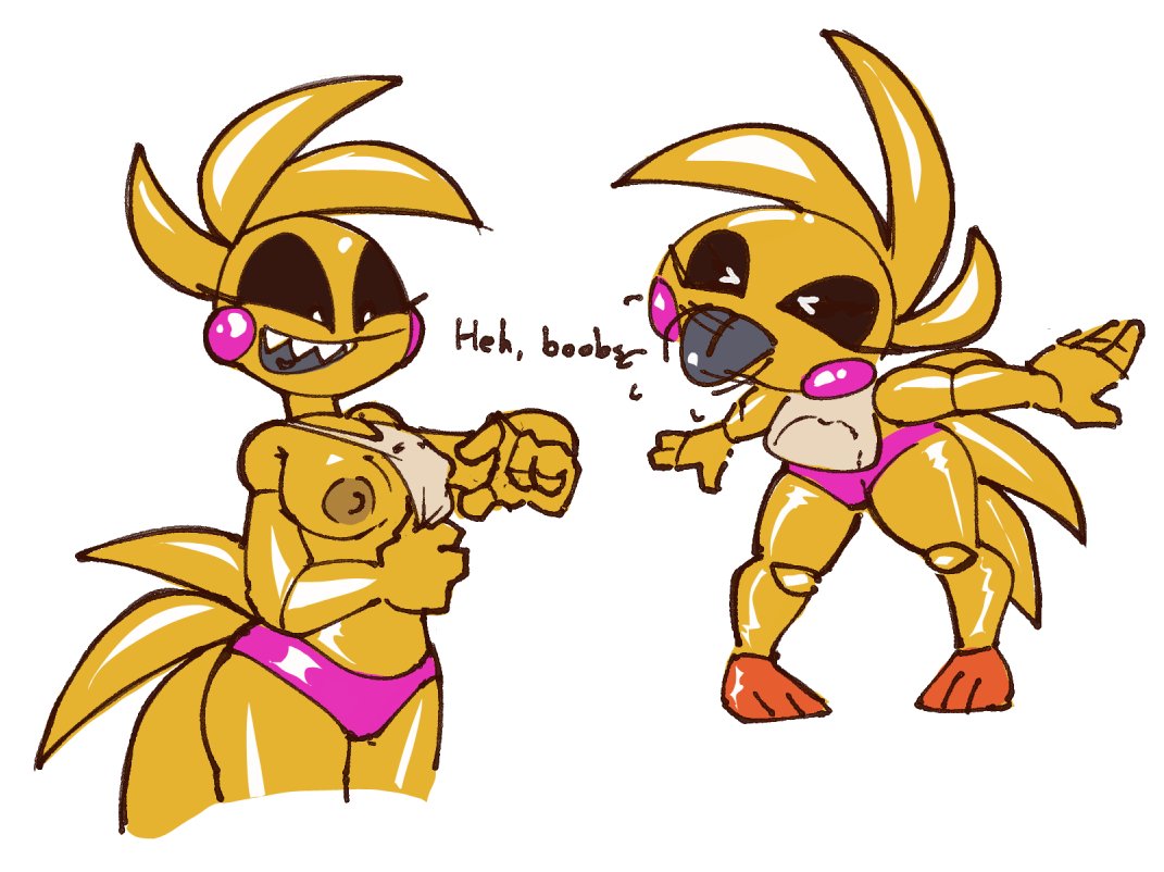 1girl, 1girls, animatronic, animatronic female, animatronic girl, apron, apron between breasts, apron lift, arms behind body, beakless, bending over, black eyelashes, blowing raspberries, chicken, chicken girl, cute, dark areola, dark nipples, dialogue, english dialogue, english text, eyes closed, female, five nights at freddy's, five nights at freddy's 2, gray tongue, grey mouth, grey tongue, lifting clothing, orange feet, pink cheeks, pink panties, pointing at breasts, raspberry, rosy cheeks, scottgames, sharp teeth, solo, solo female, solo focus, spiky hair, spiky tail, sticking out tongue, thetrader, thick thighs, tongue out, toy chica (fnaf), white eyes, white eyes female, white teeth