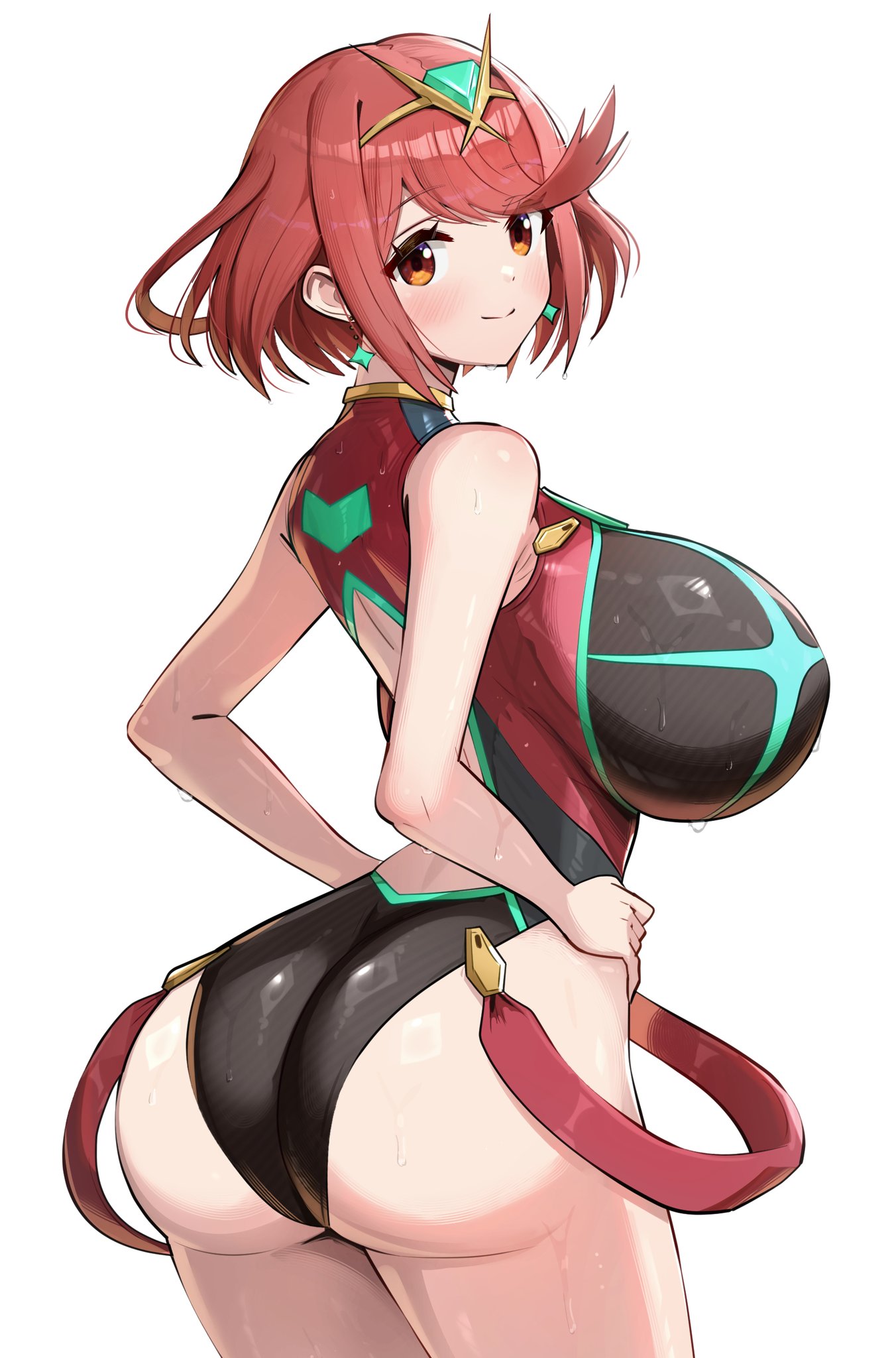 1girls, alternate costume, ass, blush, breasts, breasts bigger than head, busty, busty female, colored, curvy, curvy figure, earrings, female, female only, gonzarez, hips, huge ass, huge breasts, jewlery, looking at viewer, looking back, monolith soft, nintendo, official alternate costume, one-piece swimsuit, pyra, red eyes, red hair, smiling, smiling at viewer, swimsuit, tagme, thick thighs, thighs, tiara, tight clothing, voluptuous, wide hips, xenoblade (series), xenoblade chronicles 2